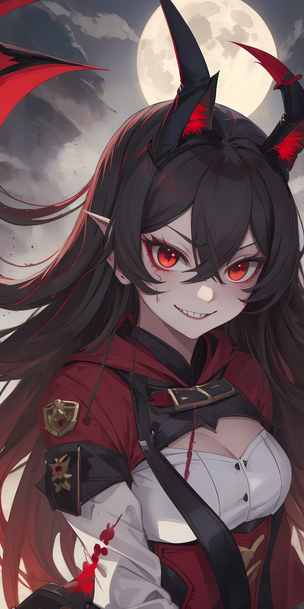 Red eyes, vampir teeth fangs, booldy face, blood leaking out of mouth, smirk,bat wings, scary smile, psychopathic smirk, psychopathic smile, scary, mouth closed, angry eyes, vampire, dark hall background, red + blue + green, full moon