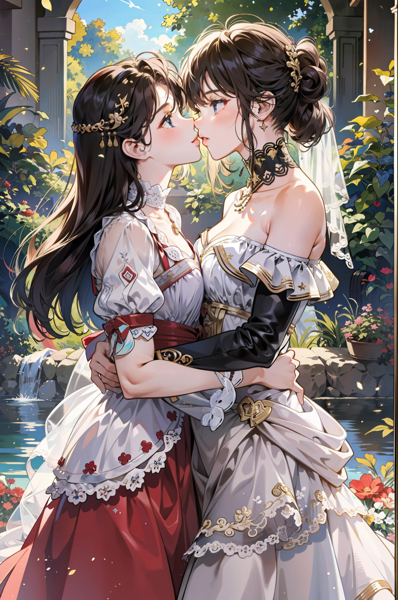 ((masterpiece, best quality)), ultra-detailed, ultra-precise image, ultra-detailed image, (dynamic pose), beautiful background, lesbians, two girls, girl kissing another girl, masterpiece, kiss, sexy, in love