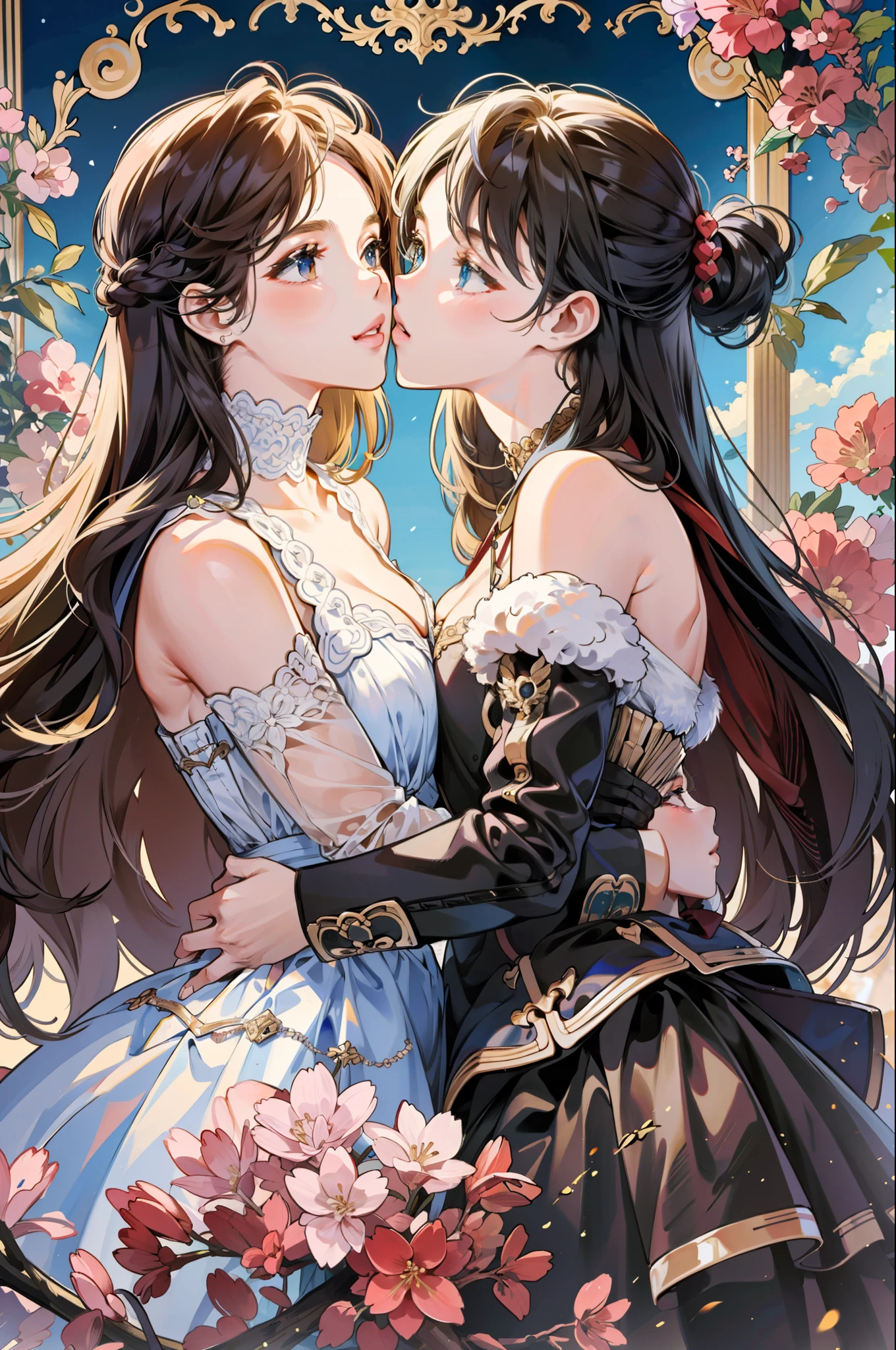 ((masterpiece, best quality)), ultra-detailed, ultra-precise image, ultra-detailed image, (dynamic pose), beautiful background, lesbians, two girls, girl kissing another girl, masterpiece, kiss, sexy, in love
