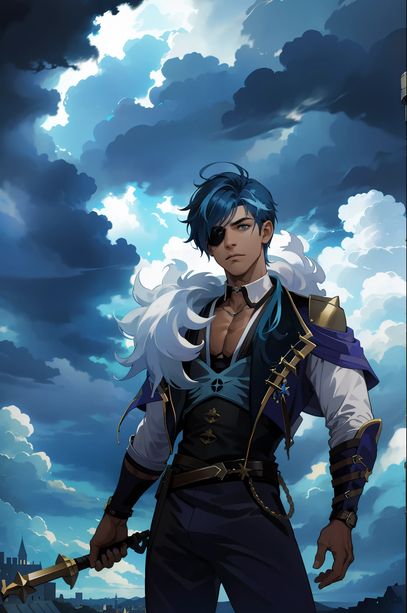(absurdres, highres, ultra detailed), 1 male, young man, tan skin. eyepatch on right eye, blue hair, storm clouds on background, castle on the hill, dramatic lighting, detailed, masterpiece