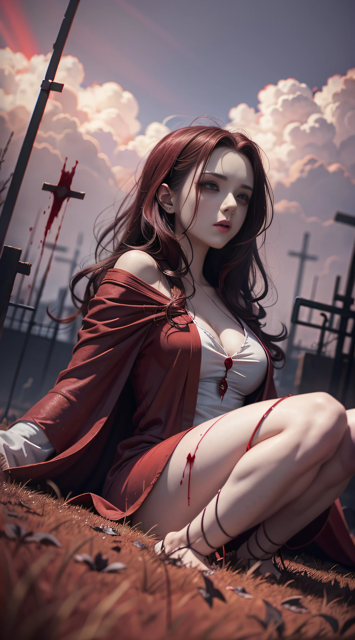 Lying on the ground, creeping woman, blood-colored robes, the ground flowing red, crazy, clouds in the sky are red, eerie, absurd, sketch, anime key visuals, fog, evil, Bauhaus art, dramatic lights, mystery