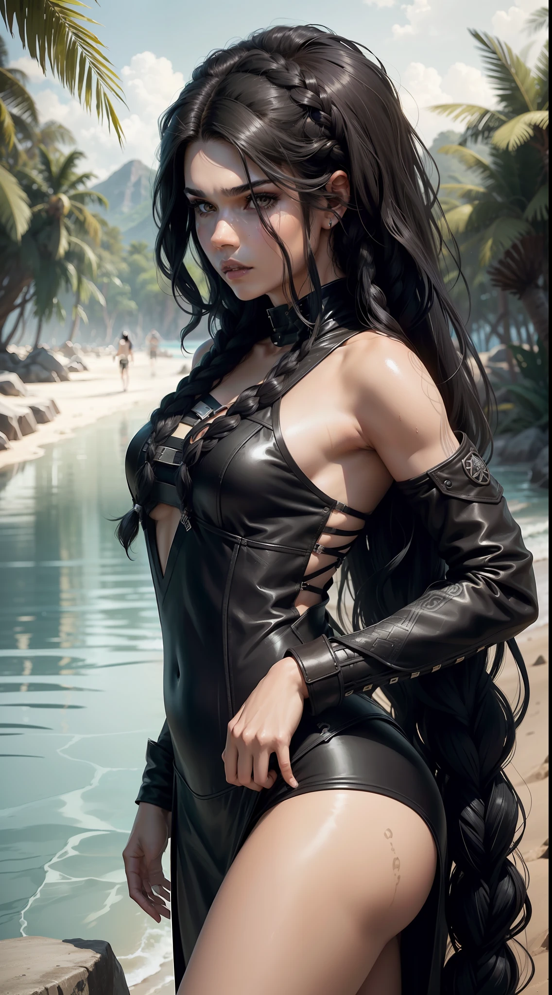 Solo, Octavia Blake (Marie Avgeropoulos, long black hair with braids on top, eyeliner, makeup, shine), onepiece leather armor, shoulders showing, swimming on a beach on the edge of the jungle, wet