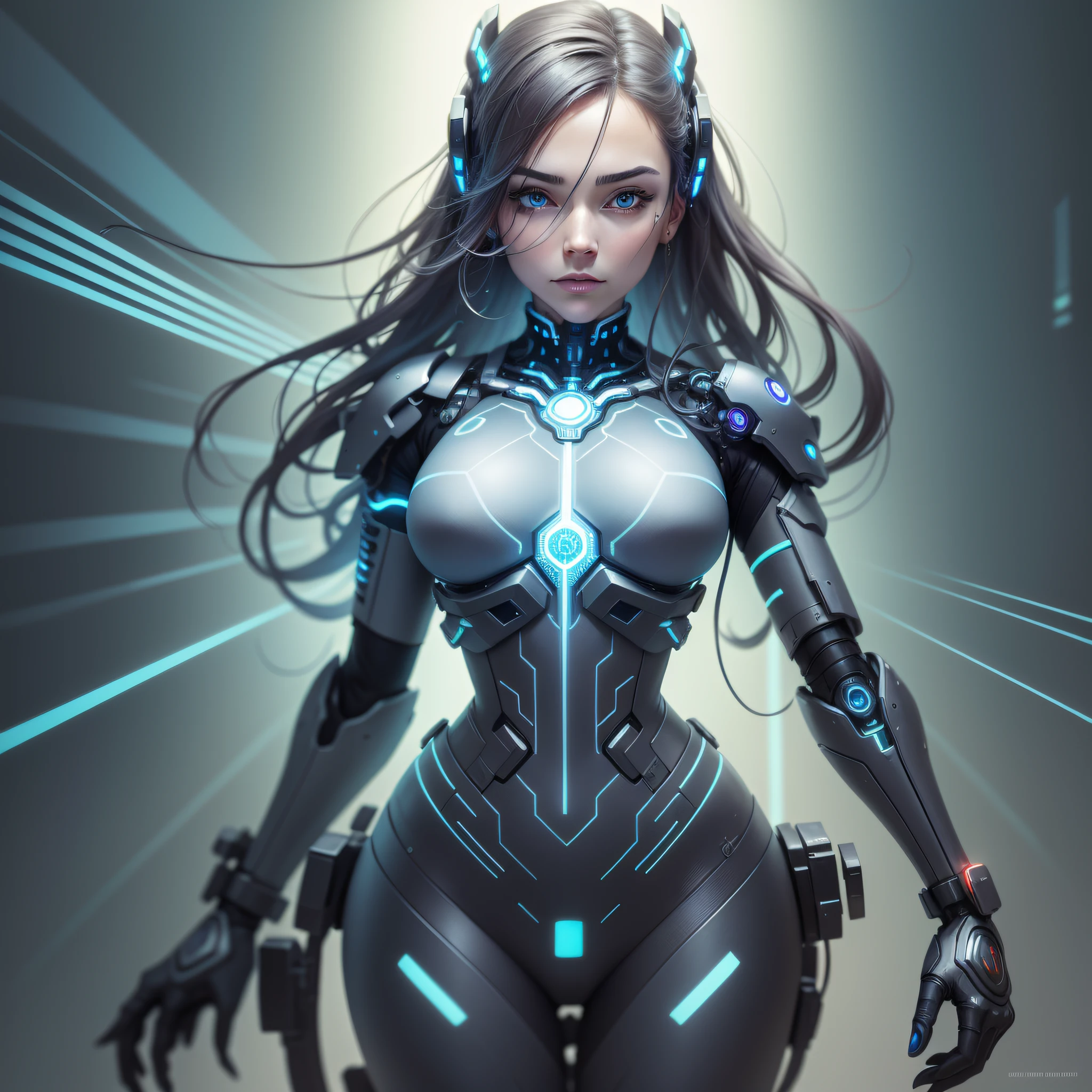 A surreal digital painting of a "psicóloga ciborg" standing against a backdrop of circuitry and floating pixels, her cybernetic enhancements gleaming with a soft blue glow. The delicate balance between her human features and technological augmentations creates an intriguing juxtaposition, symbolizing the merging of the mind and technology. The vibrant colors of the artwork evoke a sense of futurism, while the intricate details of the cyborg's metallic elements reveal the artist's attention to realism.