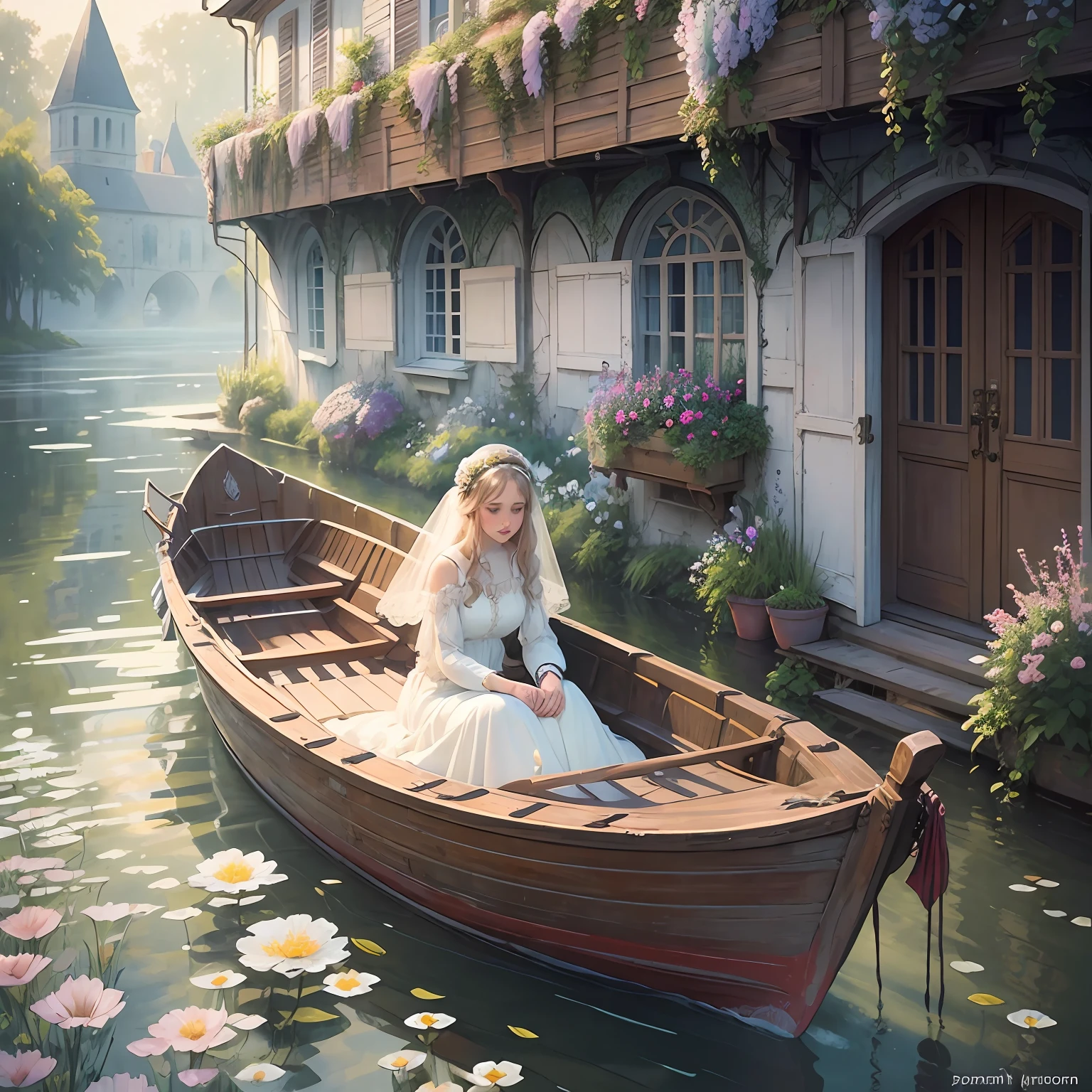 bride on a small boat. light haze, in the opened style by igor zenin, Extremely detailed, Delicate watercolor illustration, a ultra detailed old timey the small boat overgrown with big balcony- flowers on a dreamlike stream in the fresh morning light, ultra sharp. realism, , Warm color palette, Pastel colors, White background, Cozy --auto --s2