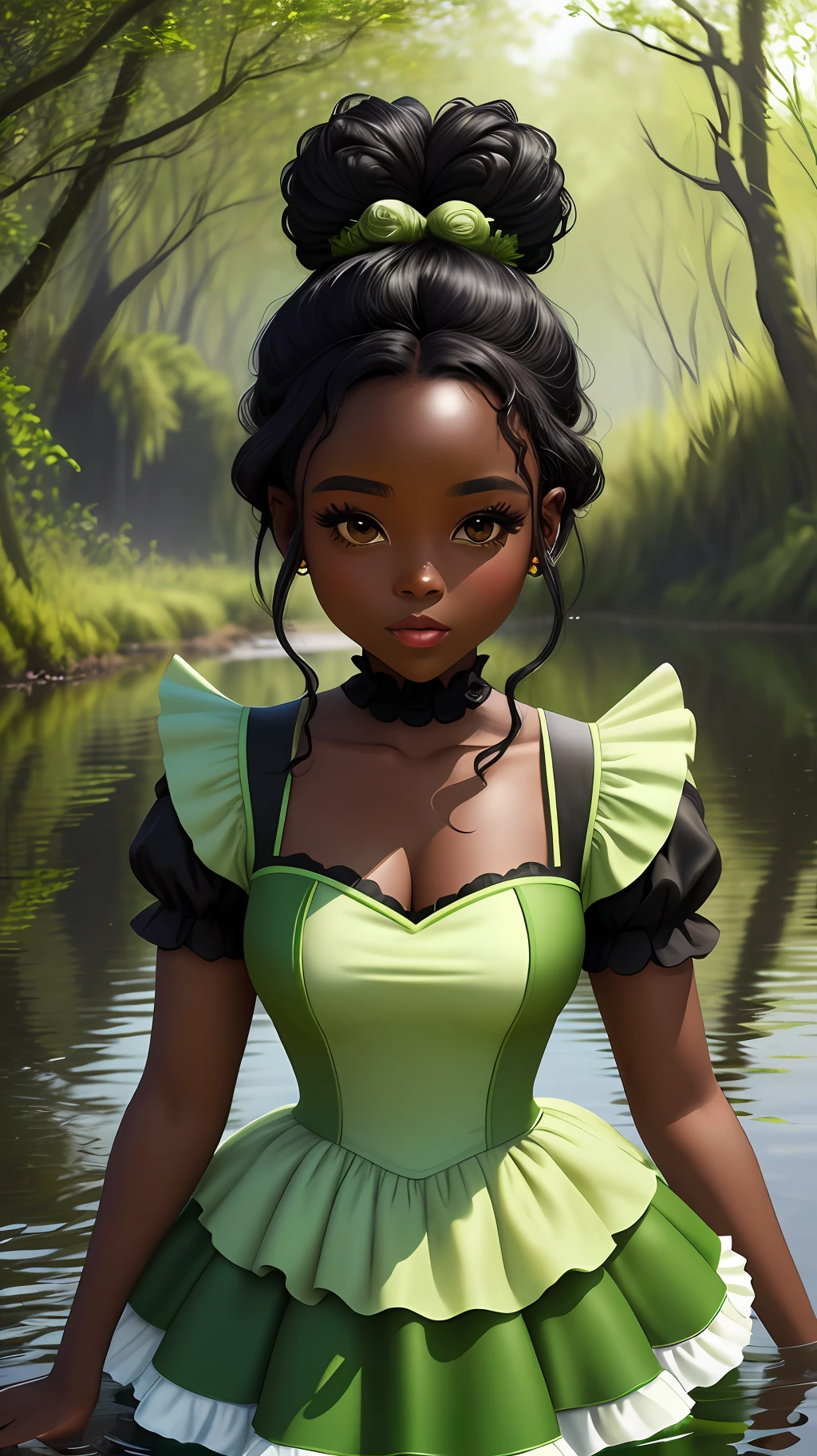 Pricesa Tiana (Disney) black skin with her beautiful green party dress and a bun in her hair, black hair color (high image quality and details) in the background a beautiful swamp.