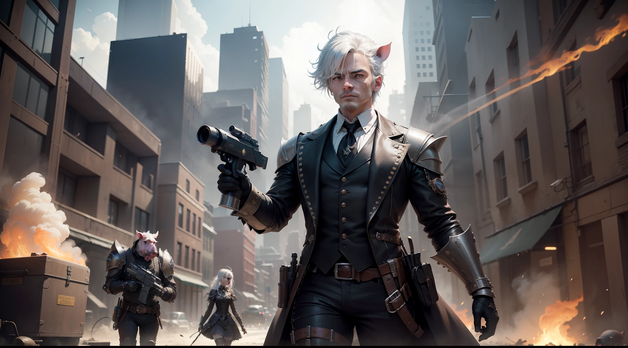 /imagine prompt: illustration of The end of the battle, the epic man pig war, white haired men in black with laser guns fight Steampunk pigs, Steampunk girls wear armor to fight ,Apocalyptic scene::10, Many punk pigs::15, Many men in black and white hair::15, Steampunk Pig::16, War scenes::15, Scuffle::12, A beautiful girl with long pig ears::16, Proportional::5, ultrawide shot::10, Unreal Engine::10, beautiful lighting::5, Cinematic light::11, Dramatic light::10, Fantasy::6, Cinematic::9, hyper quality::6, Futuristic Robots::17, Steampunk::19 --seed 252441588 --s 600 --q 2 --c 40