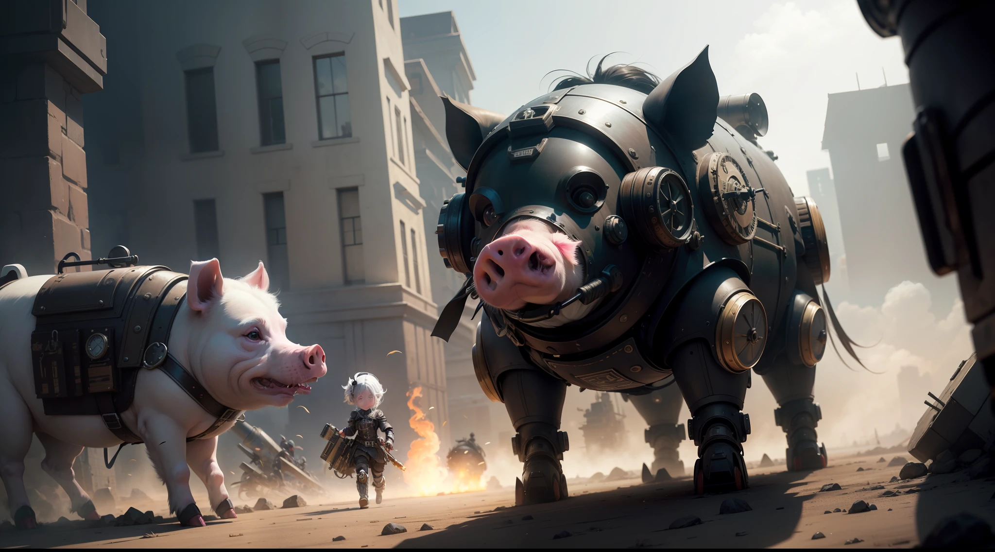 /imagine prompt: illustration of The end of the battle, the epic man pig war, white haired men in black with laser guns fight Steampunk pigs, Steampunk girls wear armor to fight ,Apocalyptic scene::10, Many punk pigs::15, Many men in black and white hair::15, Steampunk Pig::16, War scenes::15, Scuffle::12, A beautiful little girl with long pig ears::16, Proportional::5, ultrawide shot::10, Unreal Engine::10, beautiful lighting::5, Cinematic light::11, Dramatic light::10, Fantasy::6, Cinematic::9, hyper quality::6, Futuristic Robots::17, Steampunk::19 --seed 252441588 --s 600 --q 2 --c 40