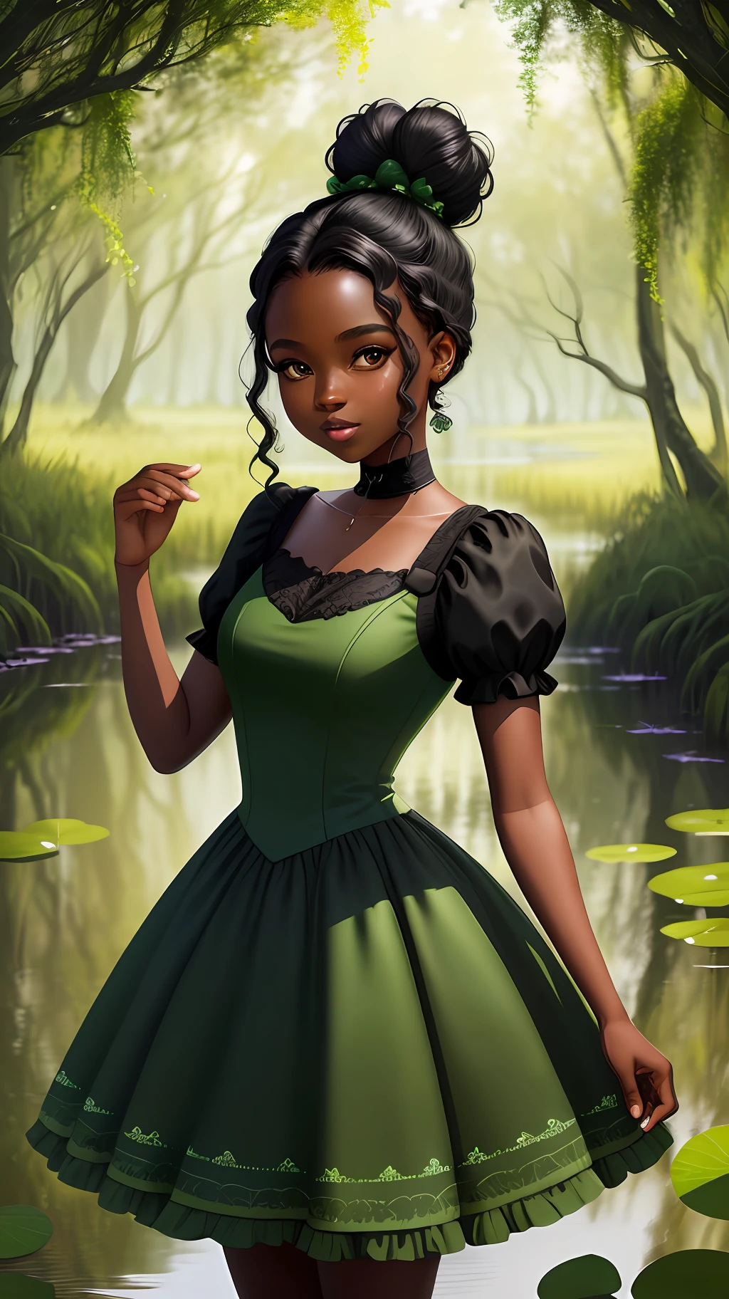 Pricesa Tiana (Disney) black skin with her beautiful green party dress and a bun in her hair, black hair color (high image quality and details) in the background a beautiful swamp.