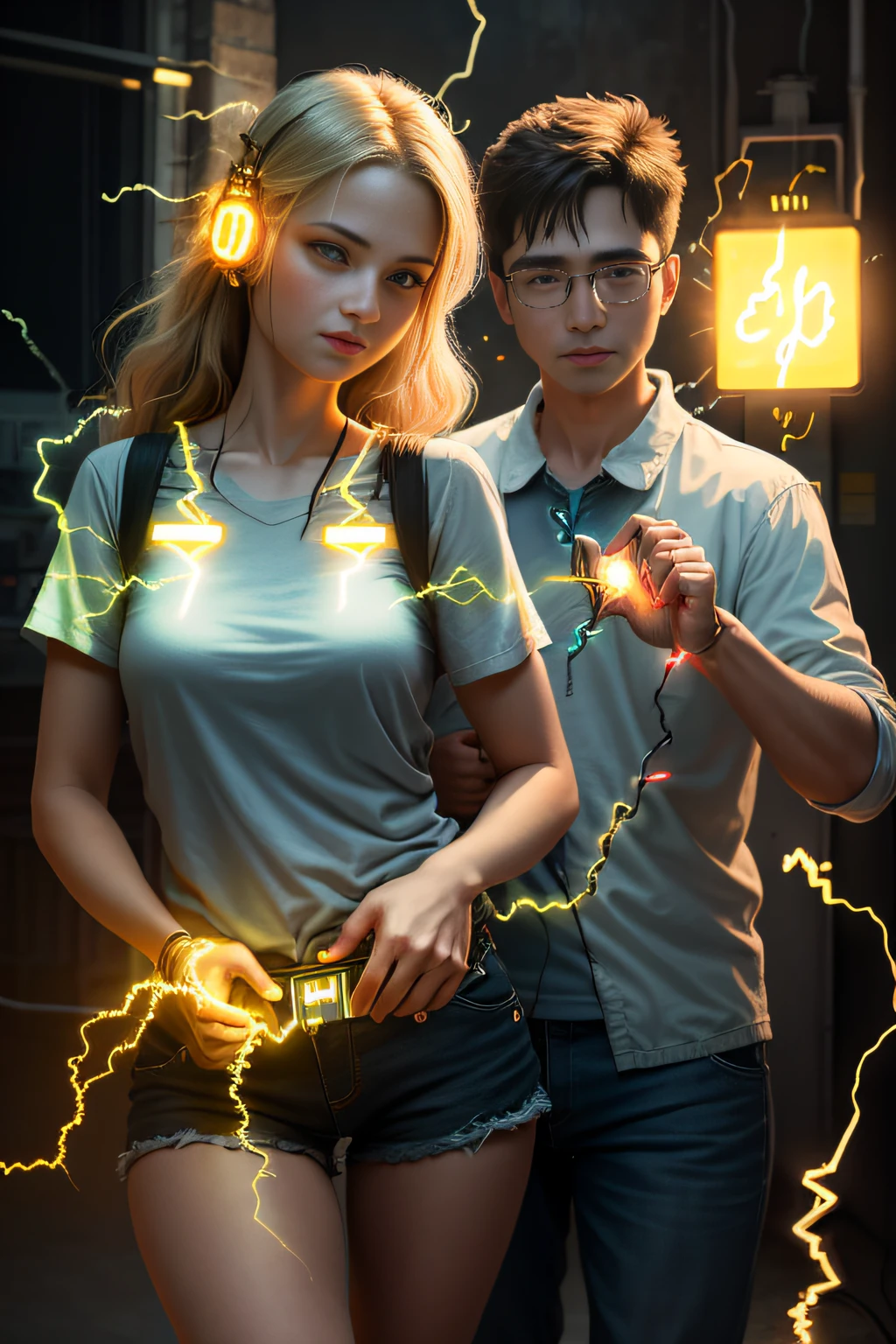 best quality, masterpiece, (realistic:1.2), sunshine, couple, (electricity in hands:1.4)
