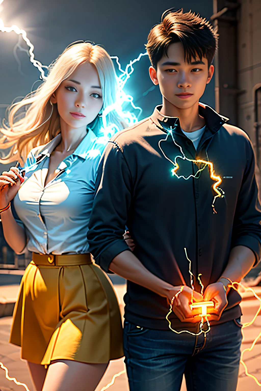 best quality, masterpiece, (realistic:1.2), sunshine, couple, (electricity in hands:1.4)