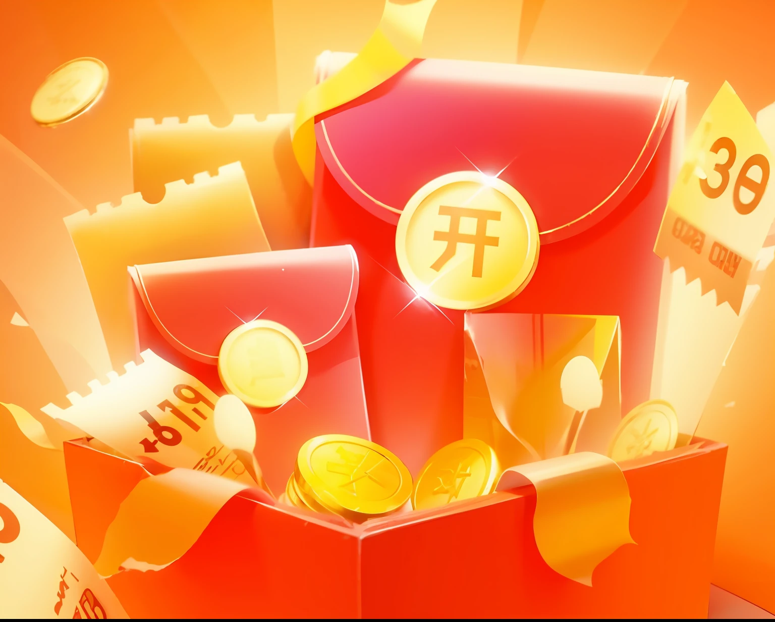 The main body is composed of red envelopes, coupons, gold coins, ribbons, they are all standing in a box, simple and simple, illustration, 3D, high resolution, best quality,
