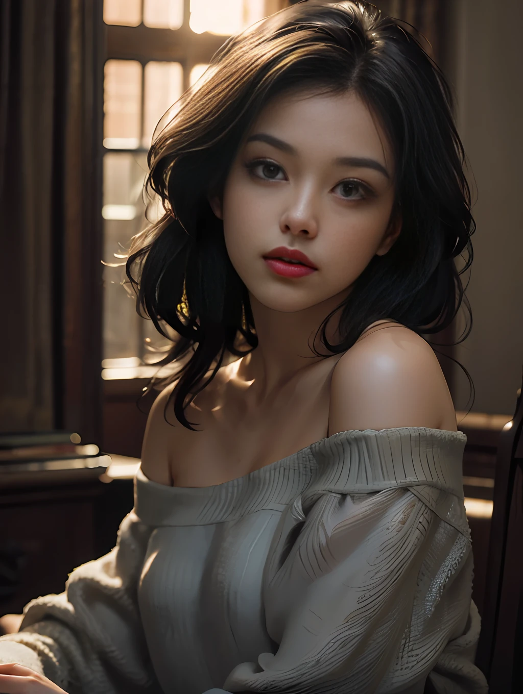 Best quality, masterpiece, ultra high res, (photorealistic:1.4), raw photo, 1girl, off shoulder, cinematic lighting, kiss poses