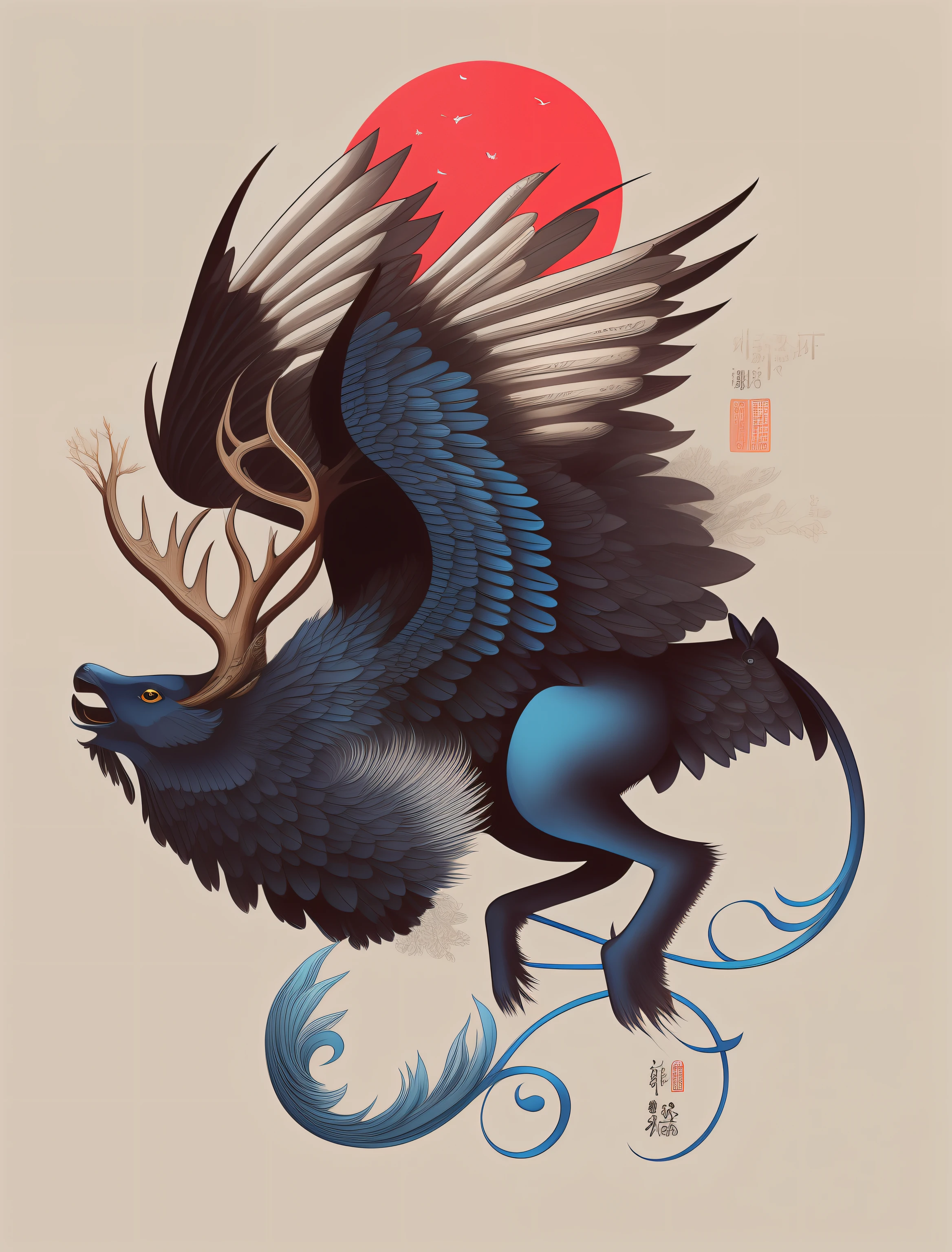 there is a blue deer with wings flying in the air, mythical creature, Ivan Belikov style, highly detailed vector art, a mythical creature, Ivan Belikov, flying mythical beasts, a beautiful art illustration, mythical creatures, intricate detailed illustration, fantasy creature, detailed intricate illustration, great digital art with details, fenrir, inspired by Summary of Japanese Painting History | Dictionary of Japanese Painters & Calligraphers-SHOGA, highly detailed illustration, redo the deer's head