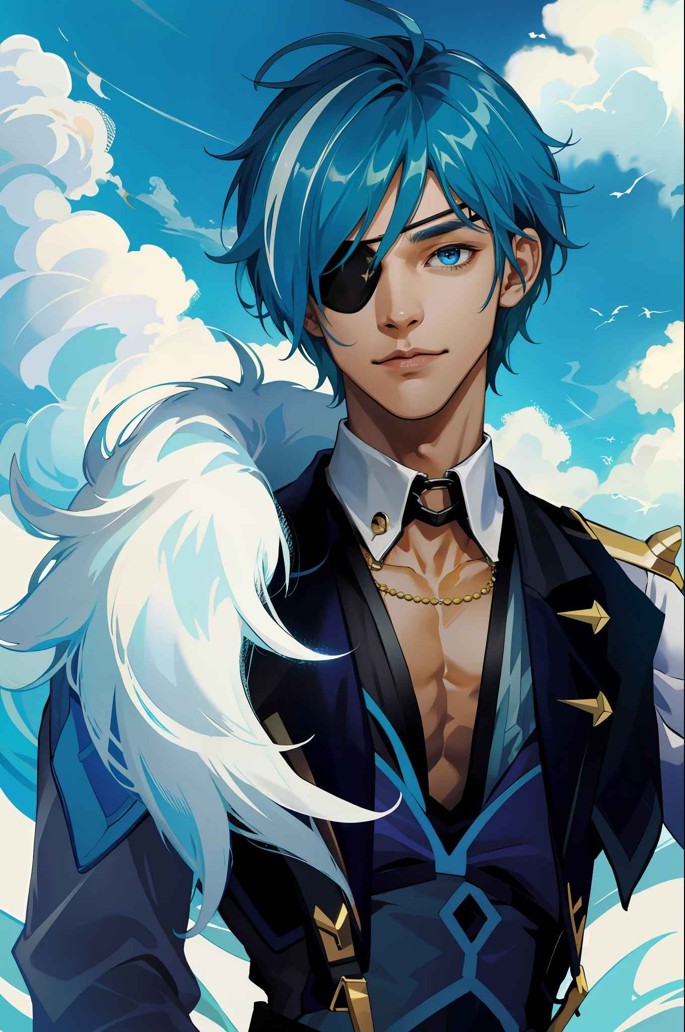 (absurdres, highres, ultra detailed), 1 male, young man, tan skin. eyepatch on right eye, blue hair