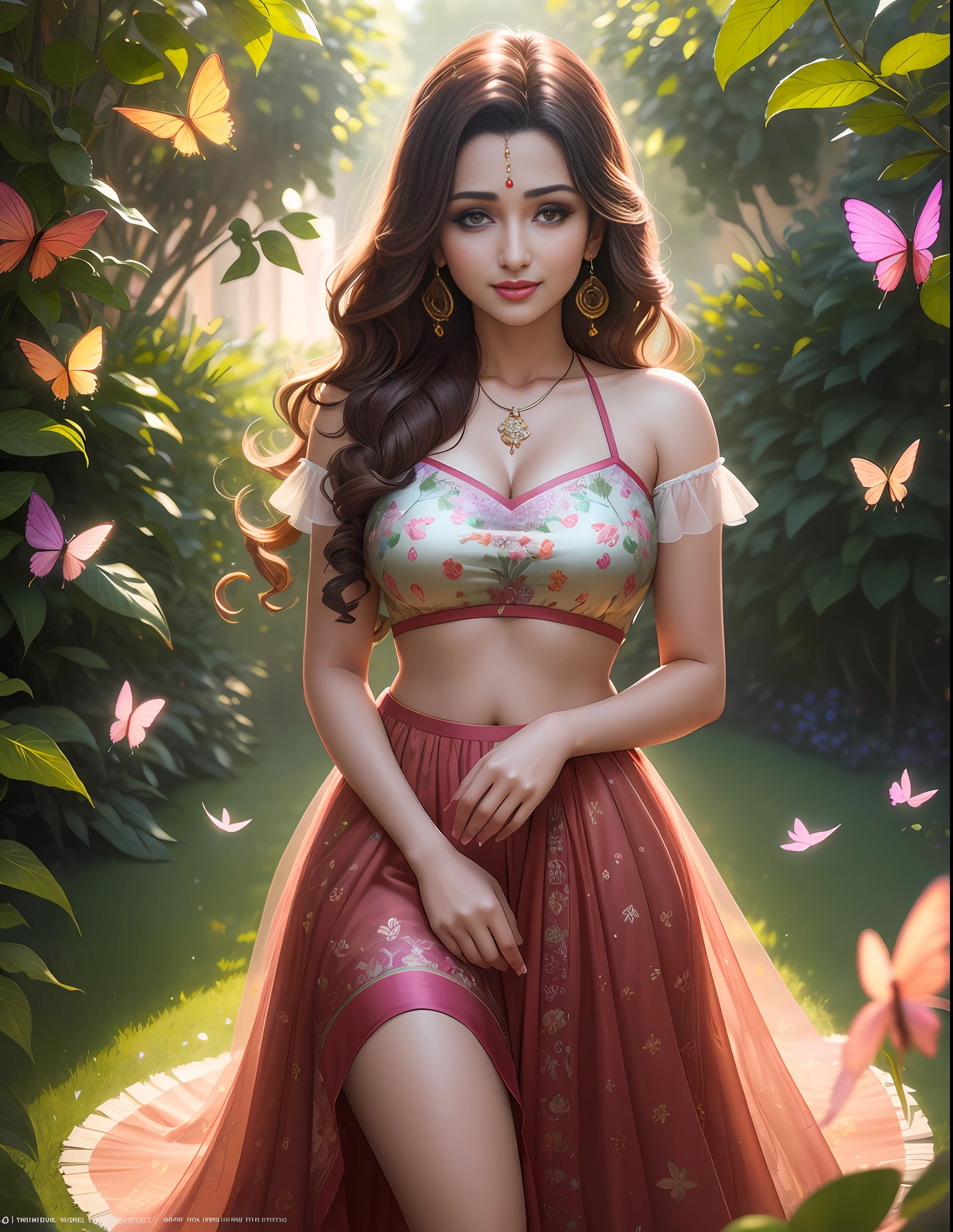 an alluring ravishing 18yr old Sonali Bendre, in the sunny garden, wearing beautiful 50's fashion, long brown wavy hair with highlights,, vivacious, happy, gigling, exhilarated, surrounded by many colorful butterflies, watercolor texture style,, bright background, award - winning, LED3d art, Pixar trend, surreal, octane rendering, complex details, animation lighting, depth of field, ray tracing, illustration, c4d, backlit, light rays,