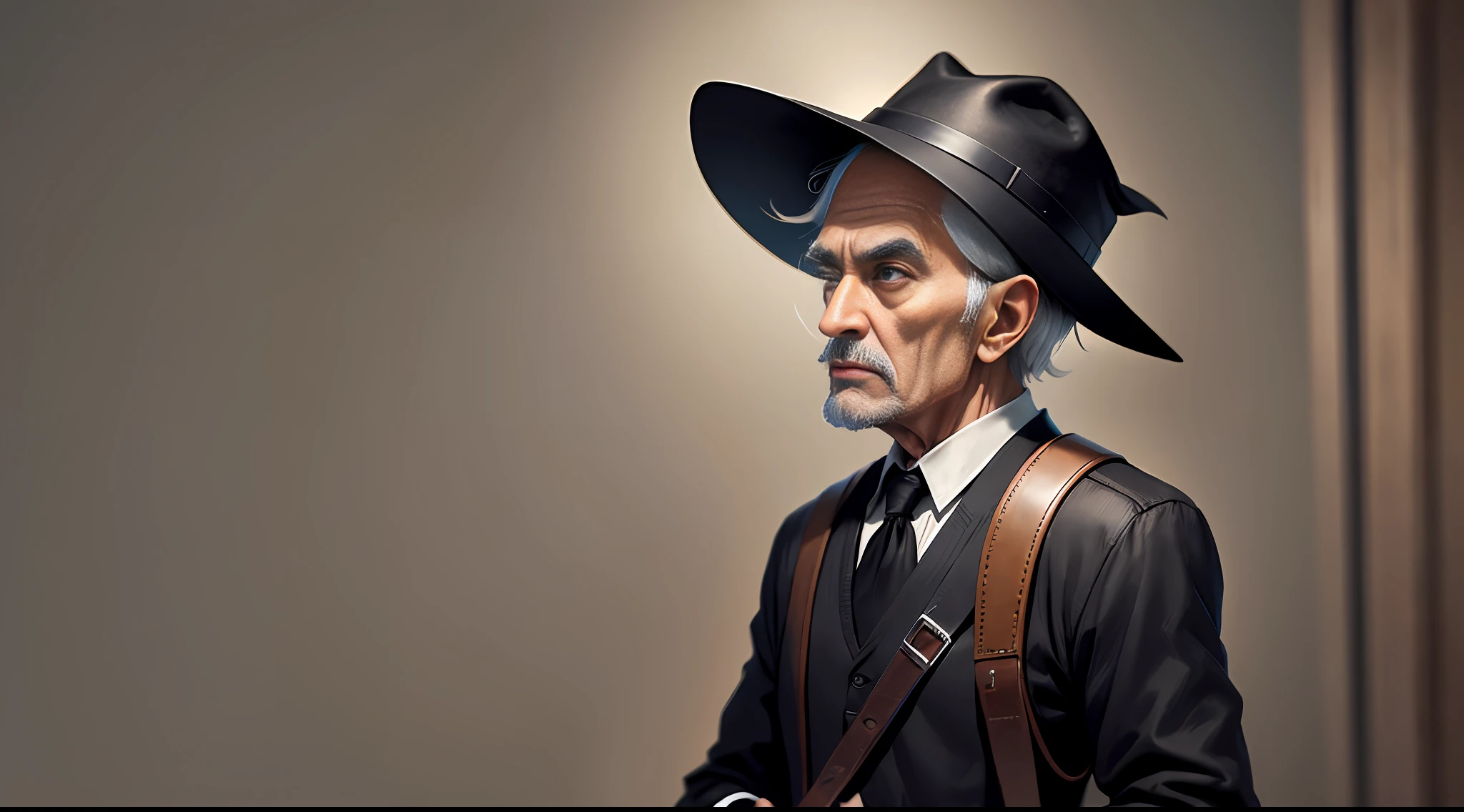 an old man, exorcist with brown eyes, in black clothes coconut hat, tall with his briefcase
