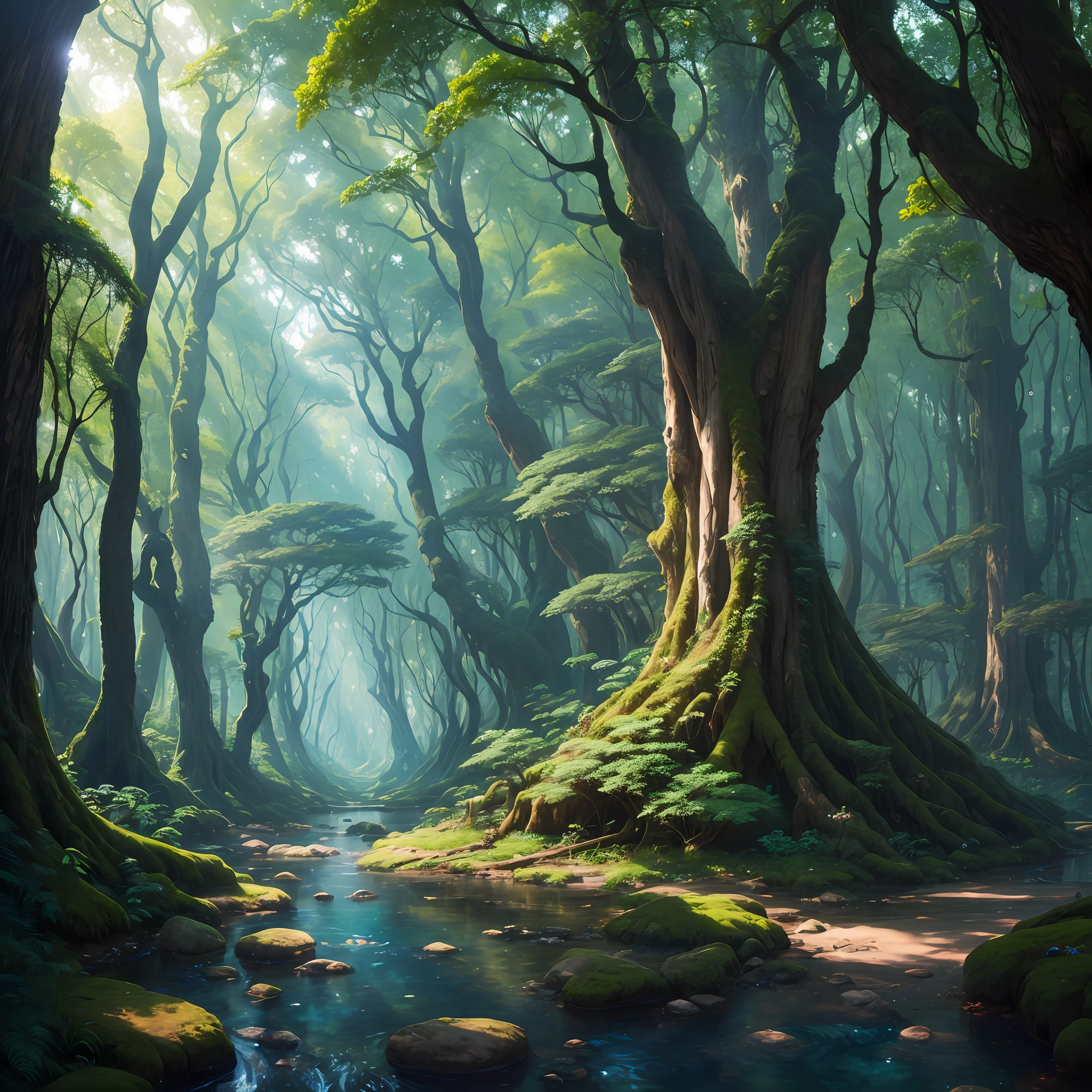 an ancient forest, presented with digital painting techniques that are extremely delicate and high-quality, reaching 8K resolution. The artwork has attracted much attention on the ArtStation website due to its sharp focus, rich light changes, and a very complex and detail-rich central composition. Inspired by artists like Lois van Baarle (Loish), Ilya Kuvshinov, and Studio Ghibli, the website's style presents a chibi kawaii aesthetic with soft and watercolor-like color tones.