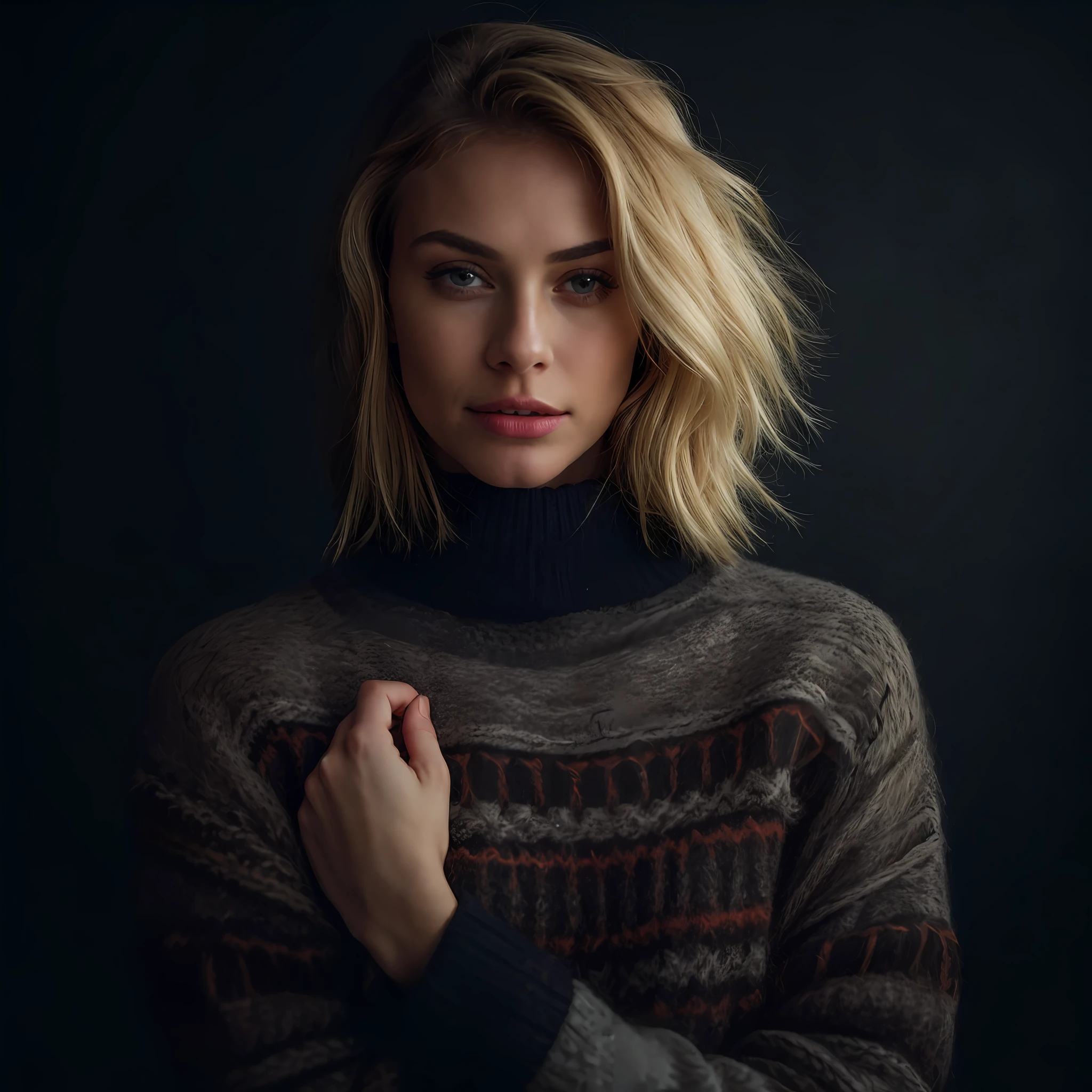 Portrait of a model woman with blond hair in a warm designer sweater, in the style of branded clothing, With the sweater in full view, Panasonic GH5, happy expressions, low key image, sharp texture - Image #2 @SlengSleng