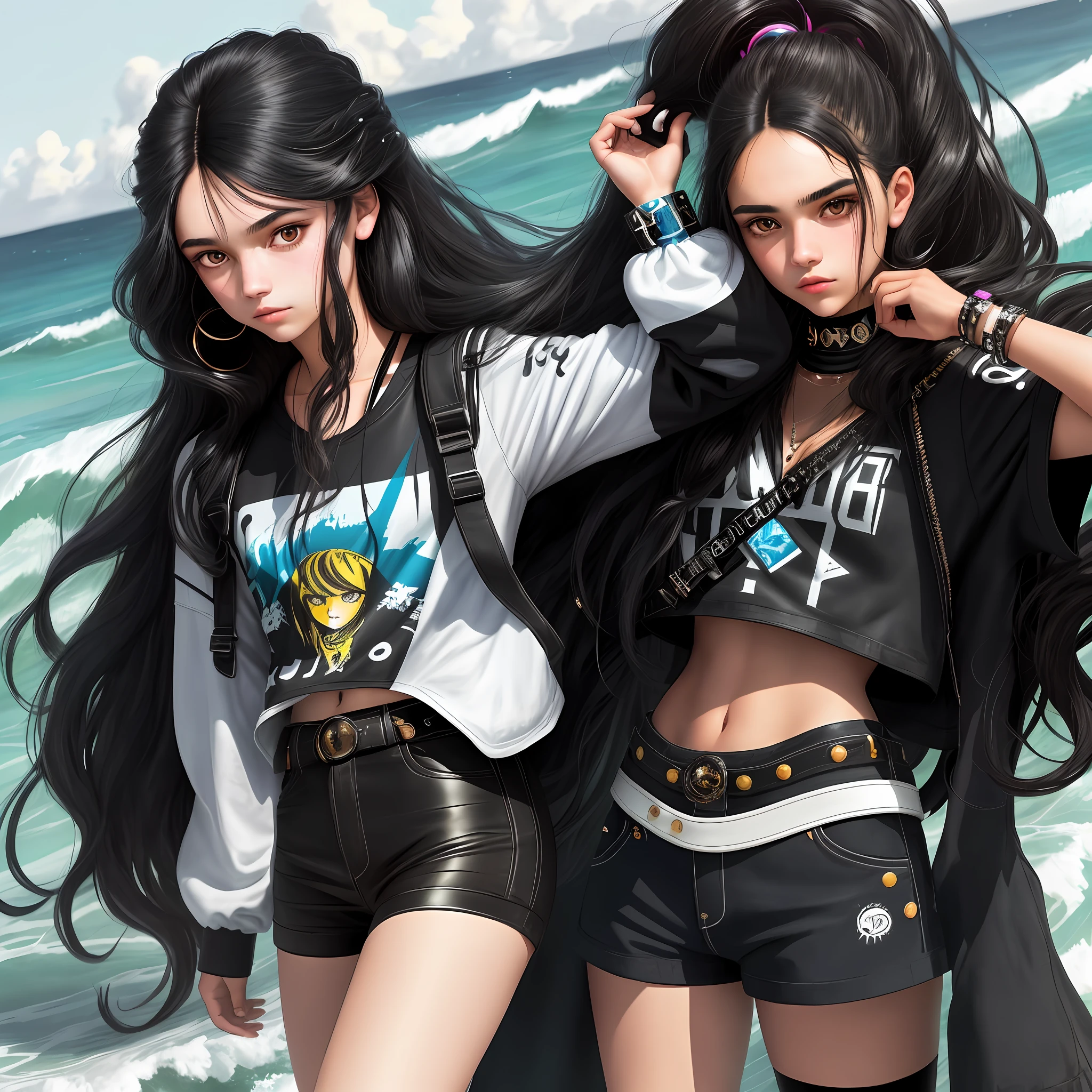 Luna Martinez is a delicate-looking young woman with long black hair that falls in waves over her shoulders. His eyes are dark brown and glow with a mixture of curiosity and defiance. She has a unique and bold style, wearing funky clothes and flashy accessories that express her rebelliousness