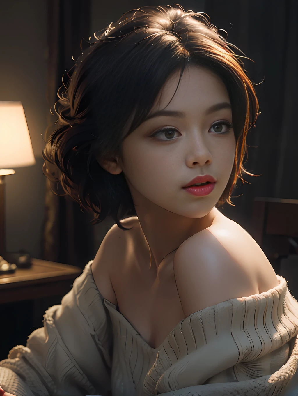 Best quality, masterpiece, ultra high res, (photorealistic:1.4), raw photo, 1girl, off shoulder, cinematic lighting, kiss poses