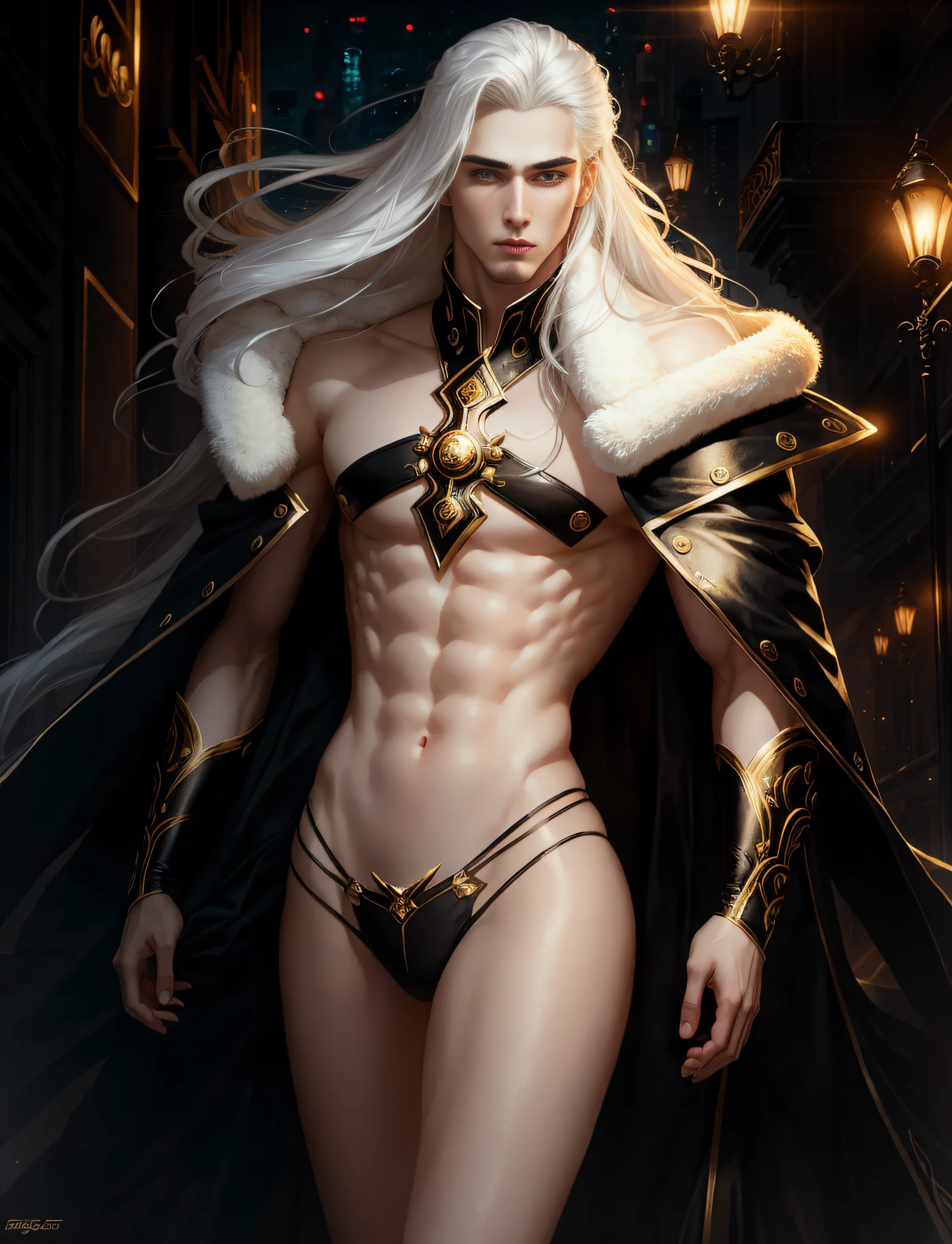 masterpiece, highest quality, (solo focus), (perfect face:1.1), (high detail:1.1), dramatic, 1guy, (pale skin), long white hair, white eyes, (light eyebrows), solo, long hair, Gerhard Freidl, moon, night, black gold luxury thong, covered navel, pouty lips, fur, arrogant expression, futuristic city, detailed background, art by artgerm, cinematic lighting, roses, fashion, BalenciagaStyle
