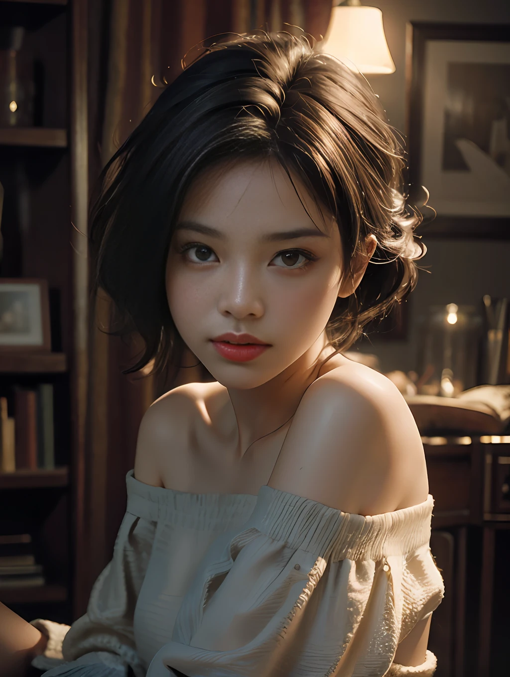 Best quality, masterpiece, ultra high res, (photorealistic:1.4), raw photo, 1girl, off shoulder, cinematic lighting, kiss poses