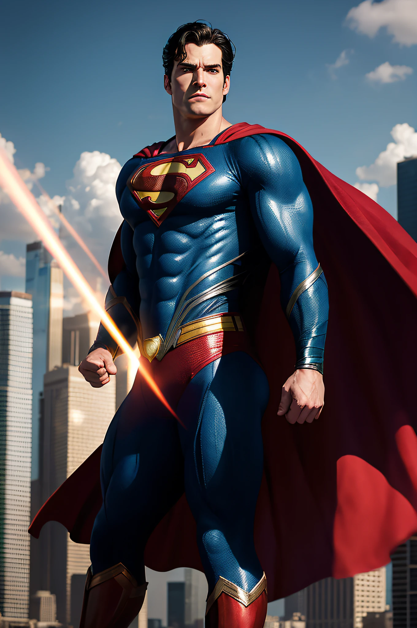 A highly realistic depiction of Superman, the iconic superhero, is showcased in this image. The focus is on Superman's muscular physique, defined facial features, and confident expression. His vibrant blue suit clings tightly to his body, emphasizing his superhuman strength. The iconic red cape flows behind him, adding a sense of motion and grandeur to the scene. The lighting in the image accentuates the contours of his body, creating realistic shadows and highlights. The background features a cityscape, with tall buildings and a cloudy sky, hinting at Superman's role as a guardian of Metropolis. The attention to detail in the rendering captures the essence of Superman's character, showcasing his power, determination, and unwavering commitment to justice. This realistic portrayal of Superman pays homage to the beloved superhero while emphasizing his iconic presence and larger-than-life persona