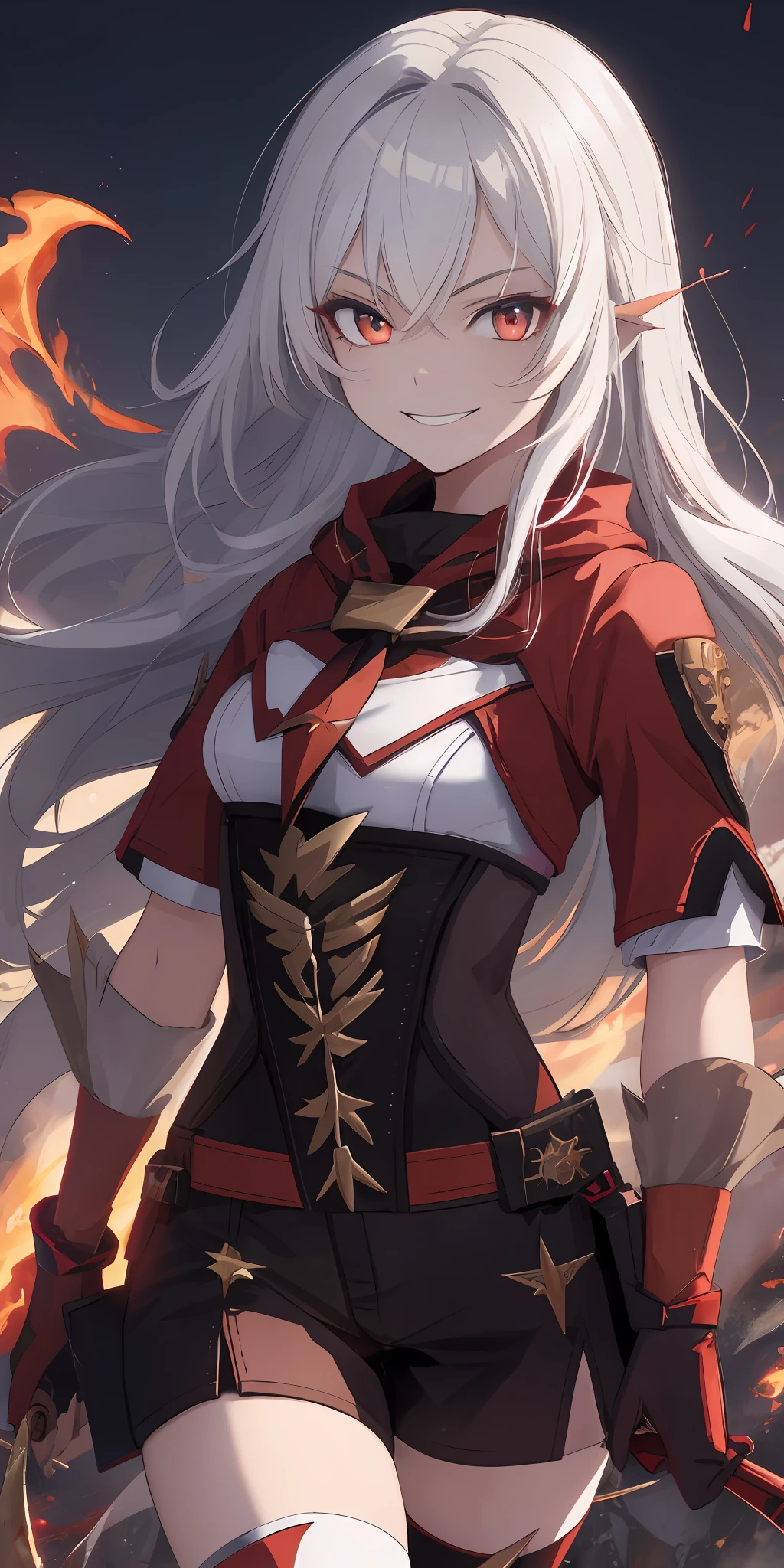1girl, flying hair, red eyes, fire witch, blood on face, light particles, lightning rays, wallpaper, colorful, high contrast, vampire, smirk, evil smile, psychopathic smirk, psychopathic smile, tilted head
