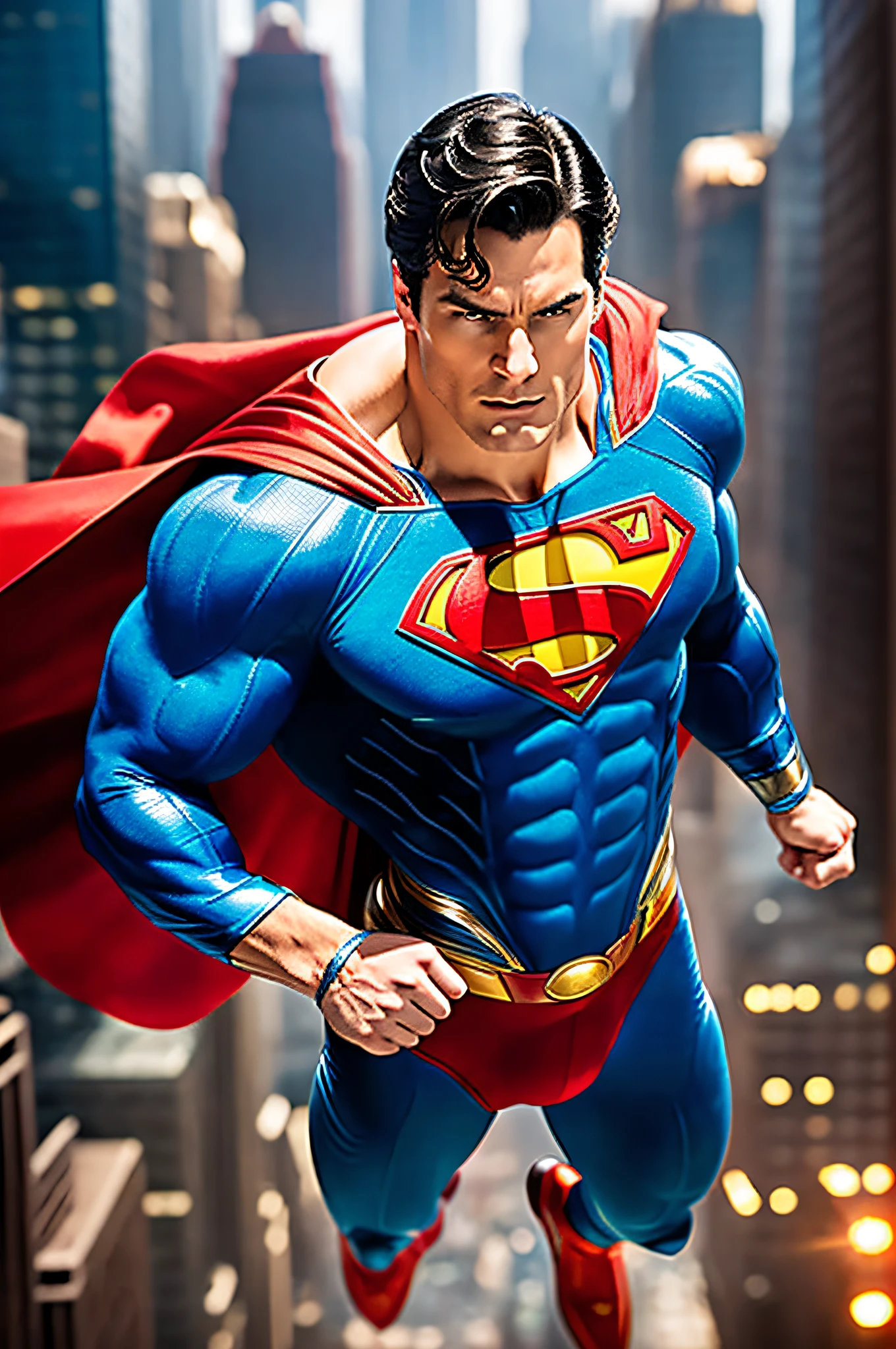 A highly realistic depiction of Superman, the iconic superhero, is showcased in this image. The focus is on Superman's muscular physique, defined  features, and confident expression. His vibrant blue suit clings tightly to his body, emphasizing his superhuman strength. The iconic red cape flows behind him, adding a sense of motion and grandeur to the scene. The lighting in the image accentuates the contours of his body, creating realistic shadows and highlights. The background features a cityscape, with tall buildings and a cloudy sky, hinting at Superman's role as a guardian of Metropolis. The attention to detail in the rendering captures the essence of Superman's character, showcasing his power, determination, and unwavering commitment to justice. This realistic portrayal of Superman pays homage to the beloved superhero while emphasizing his iconic presence and larger-than-life persona