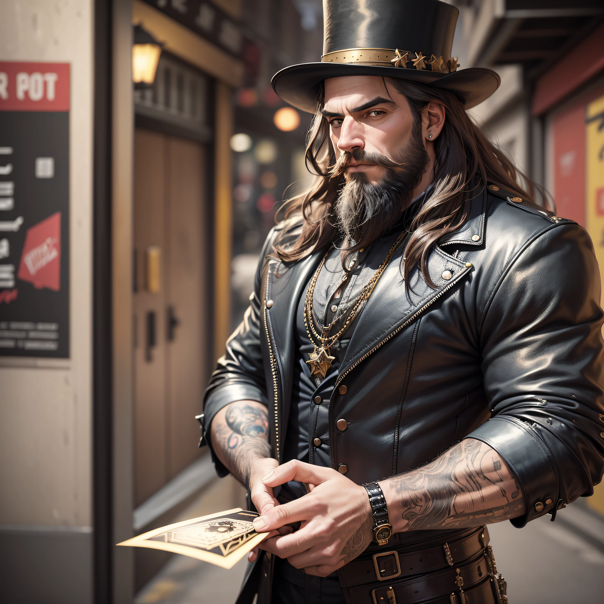 Highly realistic portrait of Rockstar, rocker, man with big beard, he has a beautiful face, with 30 years, long hair, he wears a black top hat that partially covers his face, totally black and leather clothing, the man holds a bright letter (the card has a golden glow) between his fingers, (setting) he is in a dark environment at night, In an alley of a busy city, 8K, hyper realistic --auto --s2