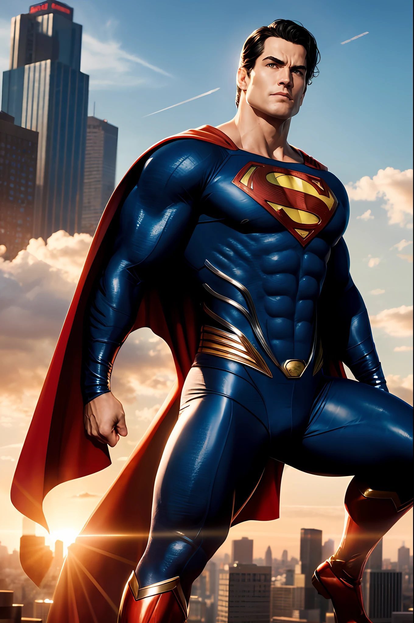 A highly realistic depiction of Superman, the iconic superhero, is showcased in this image. The focus is on Superman's muscular physique, defined facial features, and confident expression. His vibrant blue suit clings tightly to his body, emphasizing his superhuman strength. The iconic red cape flows behind him, adding a sense of motion and grandeur to the scene. The lighting in the image accentuates the contours of his body, creating realistic shadows and highlights. The background features a cityscape, with tall buildings and a cloudy sky, hinting at Superman's role as a guardian of Metropolis. The attention to detail in the rendering captures the essence of Superman's character, showcasing his power, determination, and unwavering commitment to justice. This realistic portrayal of Superman pays homage to the beloved superhero while emphasizing his iconic presence and larger-than-life persona
