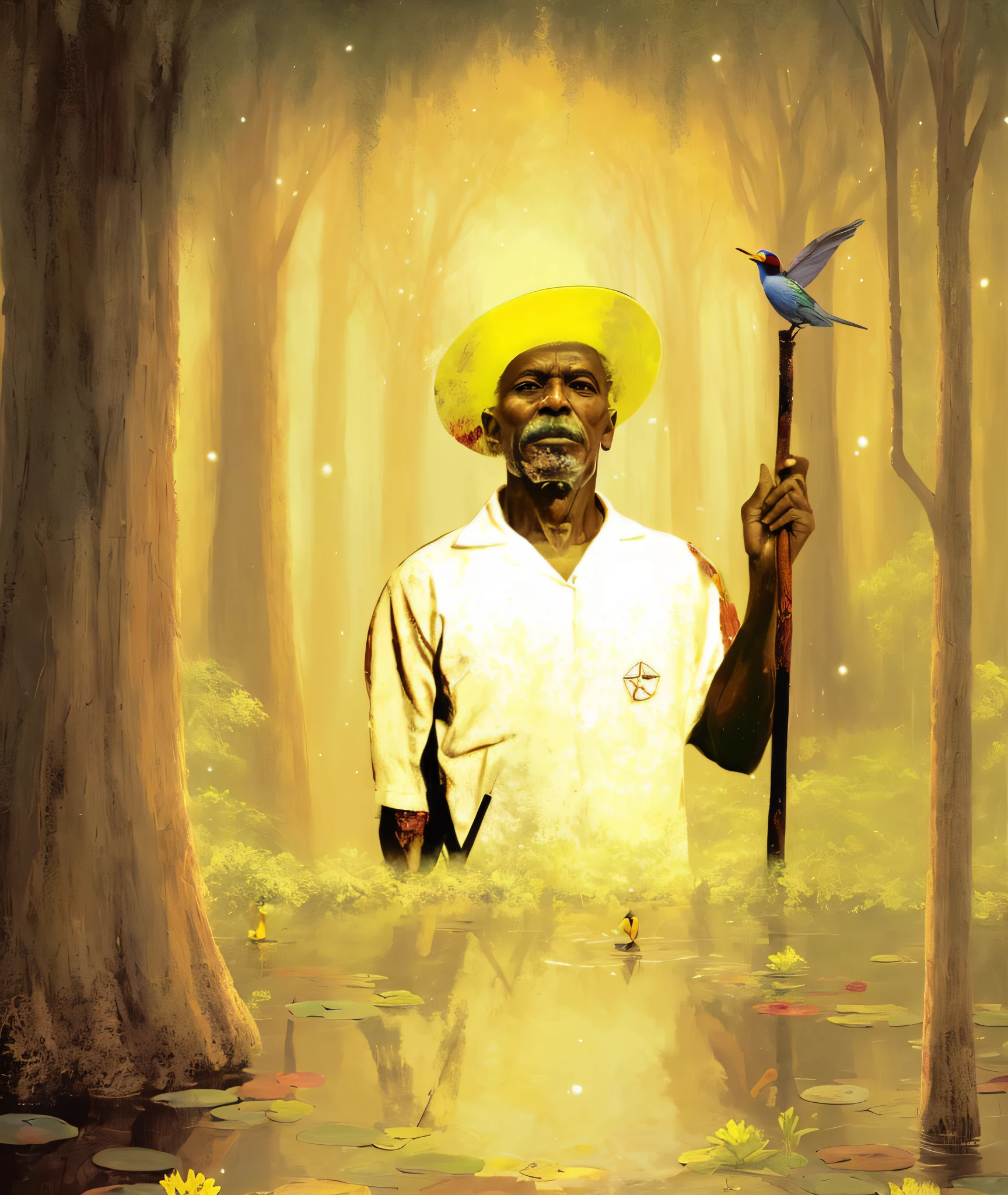 painting of a man with a hat and a stick in a forest, artwork of pedro bell, an old man with 7 yellow birds, the ayahuasca spirit, mulato, cover shot, ayahuasca shaman, inspired by Candido Bido, beeple and jean giraud, farmer, beautiful artwork, stunning artwork, illustrative art
