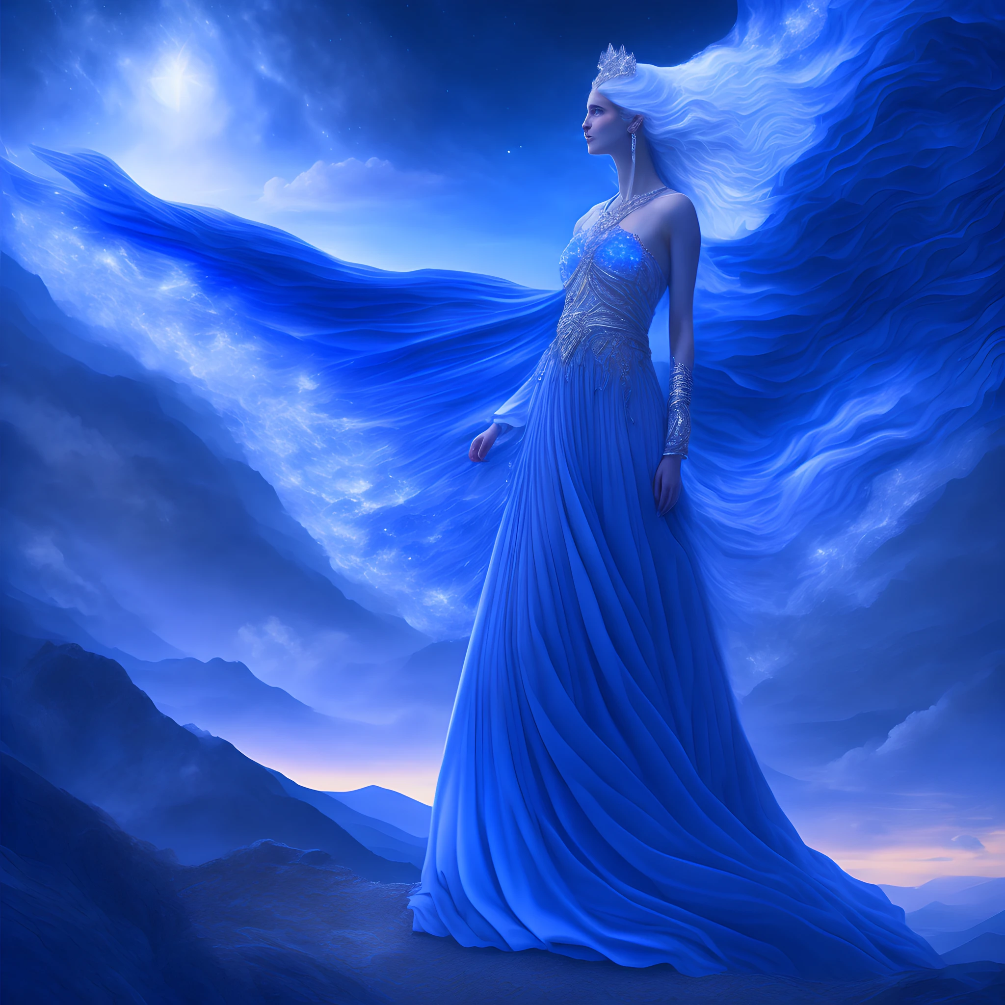 Priestesses, heavenly, beautiful, rich in detail, platinum hair flying over a light breeze, wearing a long dress, made of blue flames, looking at the twilight moonlight from atop a hyper-realistic mountain, with blue and white panorama