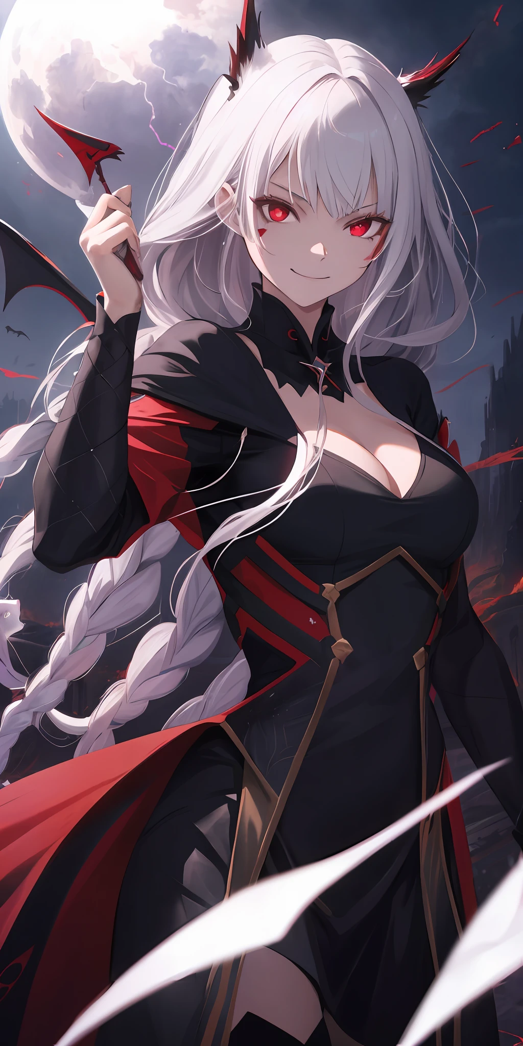 1girl, flying hair, red eyes, fire witch, blood on face, light particles, lightning rays, wallpaper, colorful, high contrast, vampire, smirk, evil smile, psychopathic smirk, psychopathic smile, tilted head