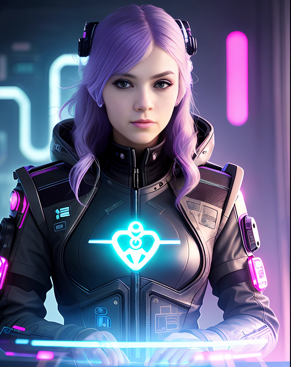 A girl in futuristic clothes with a futuristic face with a tail of purple hair is engaged in engineering work, an engineer at work, Anastasia Ovchinnikova, Marina Fedorovna, photo by Jessica Devic, Sofia Emelenko, Maria Panfilova, Alexandra Valishevskaya, Nadezhda Tikhomirova, Katinka Reinke, Angelina Stroganov, Svetlana Tigay, cyberpunk art style, cyberpunk thematic art, cyberpunk art style, cyberpunk girl portrait, cyberpunk portrait, cyberpunk bright glow,  advanced digital cyberpunk art, cyberpunk style, cyberpunk style color, hyper-realistic cyberpunk style, female cyberpunk, cyberpunk character art, dreamy cyberpunk girl, cyberpunk atmosphere, cyberpunk atmosphere, cyberpunk vibes, high detail, cinematic composition