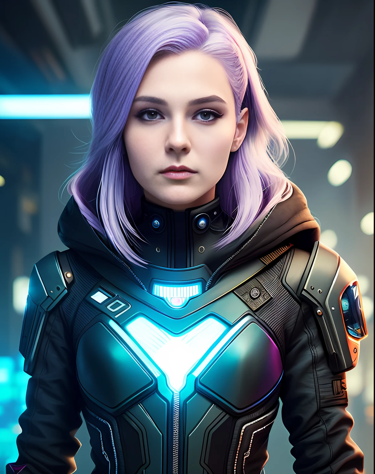 A girl in futuristic clothes with a futuristic face with a tail of purple hair is engaged in engineering work, an engineer at work, Anastasia Ovchinnikova, Marina Fedorovna, photo by Jessica Devic, Sofia Emelenko, Maria Panfilova, Alexandra Valishevskaya, Nadezhda Tikhomirova, Katinka Reinke, Angelina Stroganov, Svetlana Tigay, cyberpunk art style, cyberpunk thematic art, cyberpunk art style, cyberpunk girl portrait, cyberpunk portrait, cyberpunk bright glow, advanced digital cyberpunk art, cyberpunk style, cyberpunk style color, hyper-realistic cyberpunk style, female cyberpunk, cyberpunk character art, dreamy cyberpunk girl, cyberpunk atmosphere, cyberpunk atmosphere, cyberpunk vibes, high detail, cinematic composition