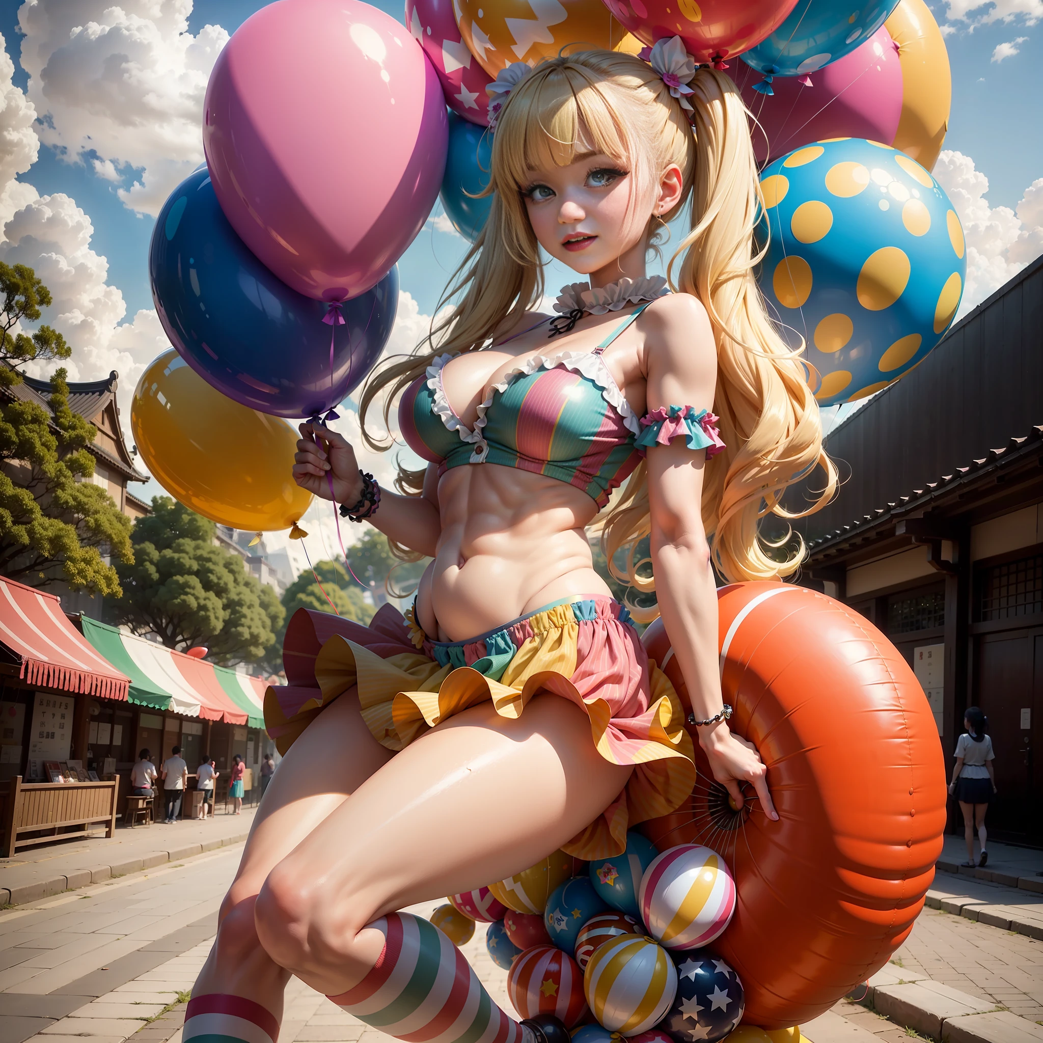 ((Best Quality, 8k, Masterpiece: 1.3)), 1 woman, full body, smiling beautiful girl with many balloons, (blonde, twin tails) (big: 1.3, cleavage), cut abs, revealing, colorful clown outfit, ultra-detailed face, (detailed eyes, double eyelids, color contacts, eye catch, catch light, long eyelashes), balloons are multicolored, Various balloon designs, Sony α7, 85 mm, f / 1.4, ISO 100, Ueno Park,