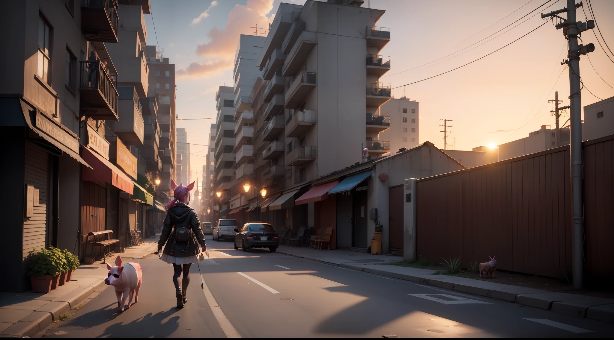 /imagine prompt: illustration of On the street under the sunset, a girl with long pig ears and a punk pig happily walked along ,Sunset::17, A punk pig::15, A beautiful littlewith long pig ears::12, A warm scene::15, Golden ratio::5, Long Shot::12, Unreal Engine::10, Back light::14, Cinematic light::11, warm light::10, Fantasy::6, Cinematic::9, hyper quality::6, Futuristic Robots::10, Steampunk::19 --seed 252441588 --s 600 --q 2 --c 40