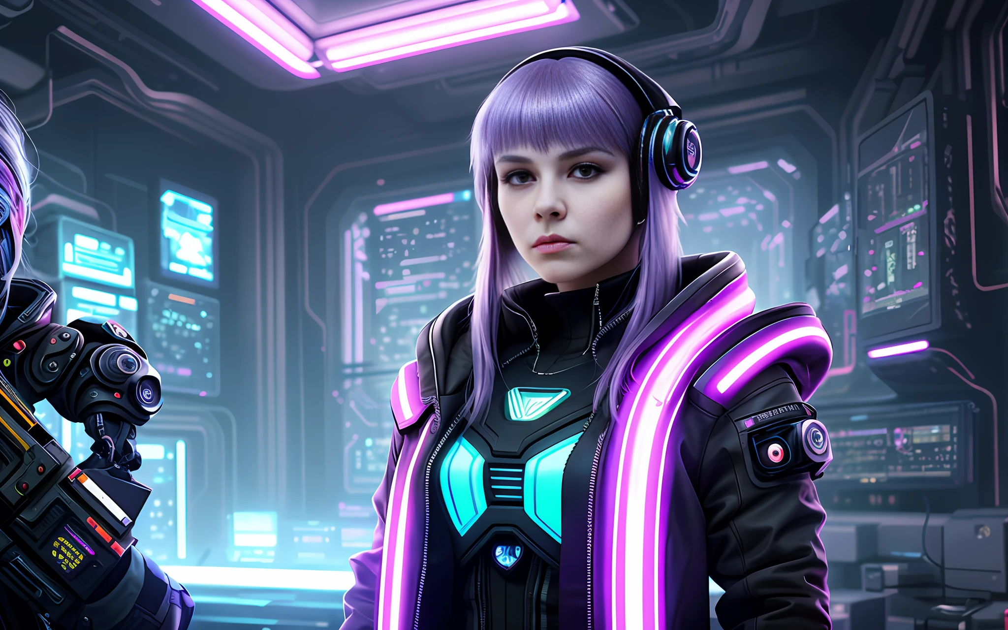 A girl in futuristic clothes with a futuristic face with a tail of purple hair is engaged in engineering work, an engineer at work, Anastasia Ovchinnikova, Marina Fedorovna, photo by Jessica Devic, Sofia Emelenko, Maria Panfilova, Alexandra Valishevskaya, Nadezhda Tikhomirova, Katinka Reinke, Angelina Stroganov, Svetlana Tigay, cyberpunk art style, cyberpunk thematic art, cyberpunk art style, cyberpunk girl portrait, cyberpunk portrait, cyberpunk bright glow, advanced digital cyberpunk art, cyberpunk style, cyberpunk style color, hyper-realistic cyberpunk style, female cyberpunk, cyberpunk character art, dreamy cyberpunk girl, cyberpunk atmosphere, cyberpunk atmosphere, cyberpunk vibes, high detail, cinematic composition