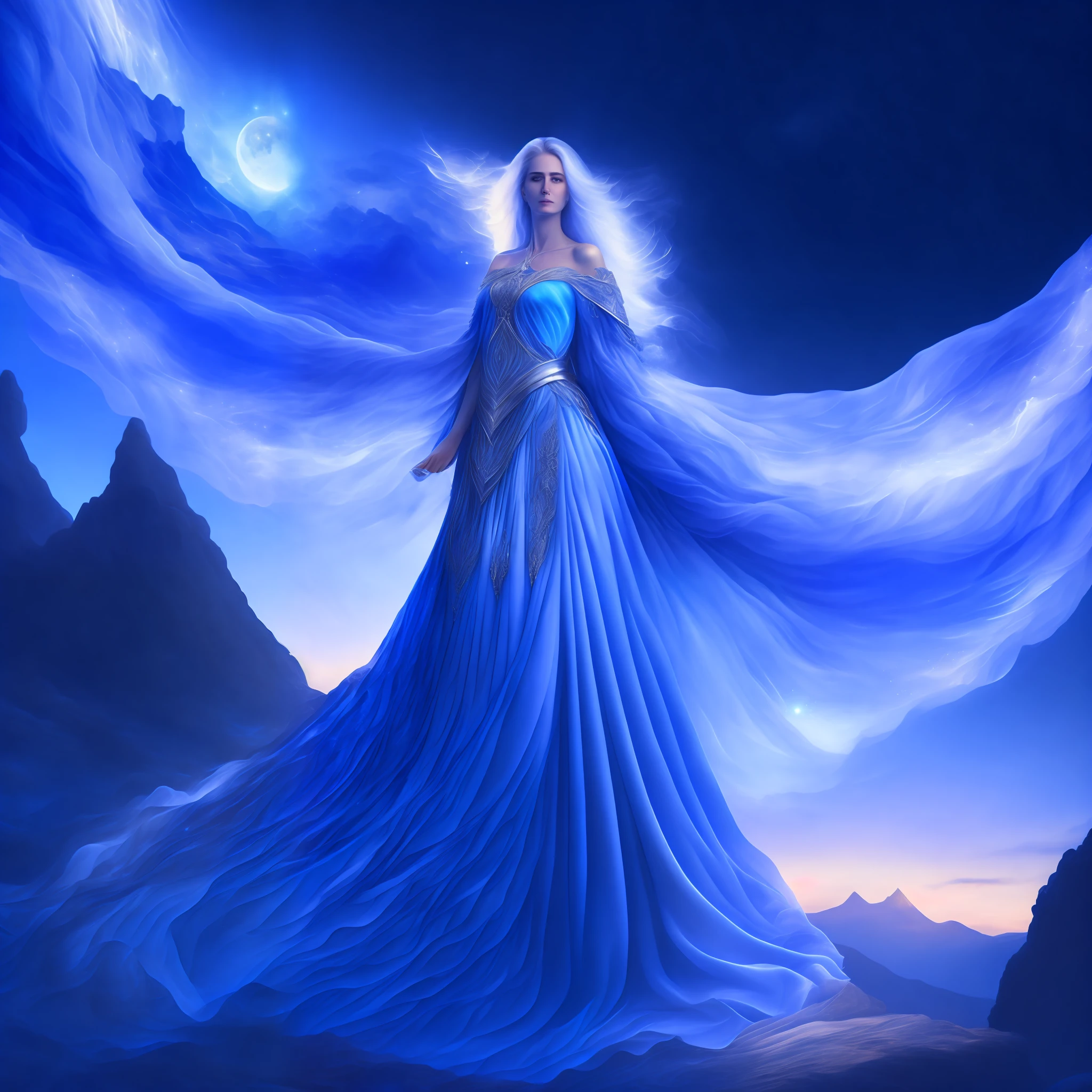 Priestesses, heavenly, beautiful, rich in detail, platinum hair flying over a light breeze, wearing a long dress, made of blue flames, looking at the twilight moonlight from atop a hyper-realistic mountain, with blue and white panorama