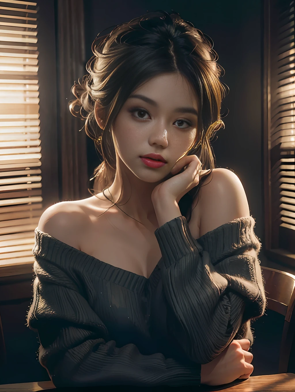 Best quality, masterpiece, ultra high res, (photorealistic:1.4), raw photo, 1girl, off shoulder, cinematic lighting, kiss poses