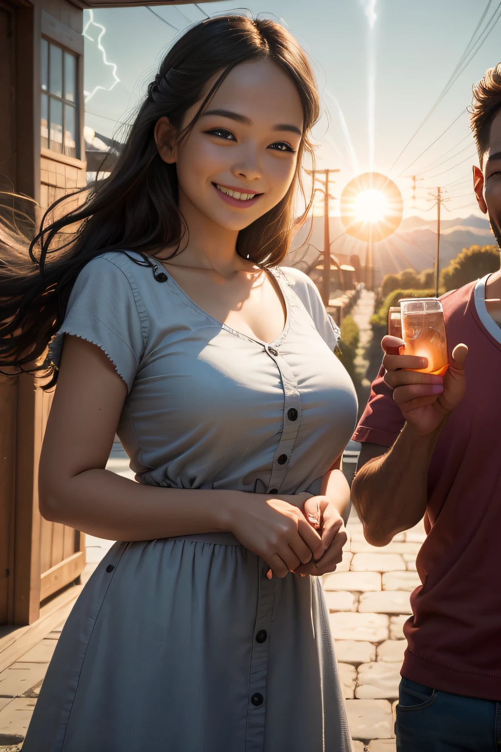 best quality, masterpiece, (realistic: 1.2), sun, couple, (electricity in hands: 1.4) (((BIG SMILE)))