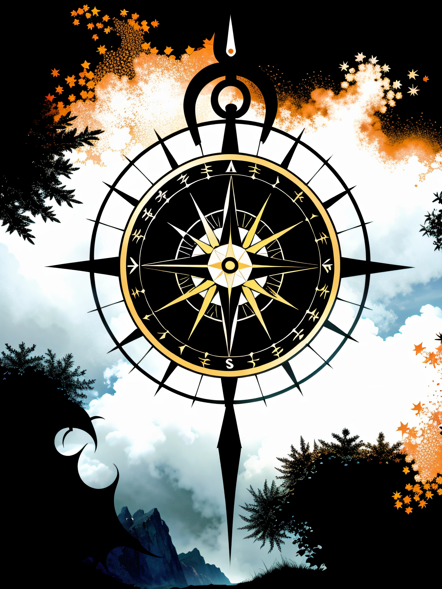 This is a compass, compass, ancient, mysterious, crossing the sea, exquisite, vast, rune, eerie, absurd, sketch, anime key visual, fog, evil, Bauhaus art, dramatic lighting