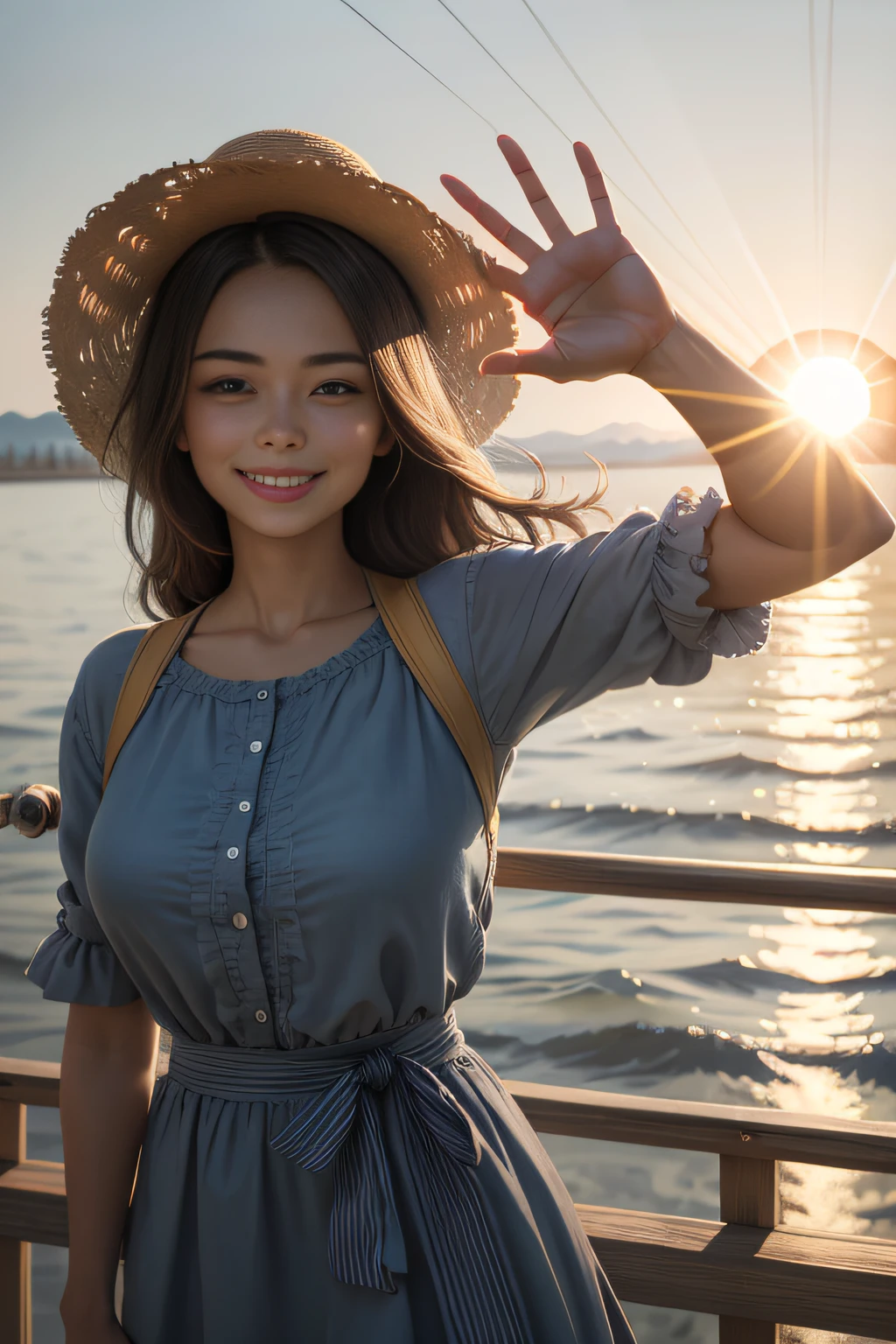 best quality, masterpiece, (realistic: 1.2), sun, couple, (electricity in hands: 1.4) (((BIG SMILE)))