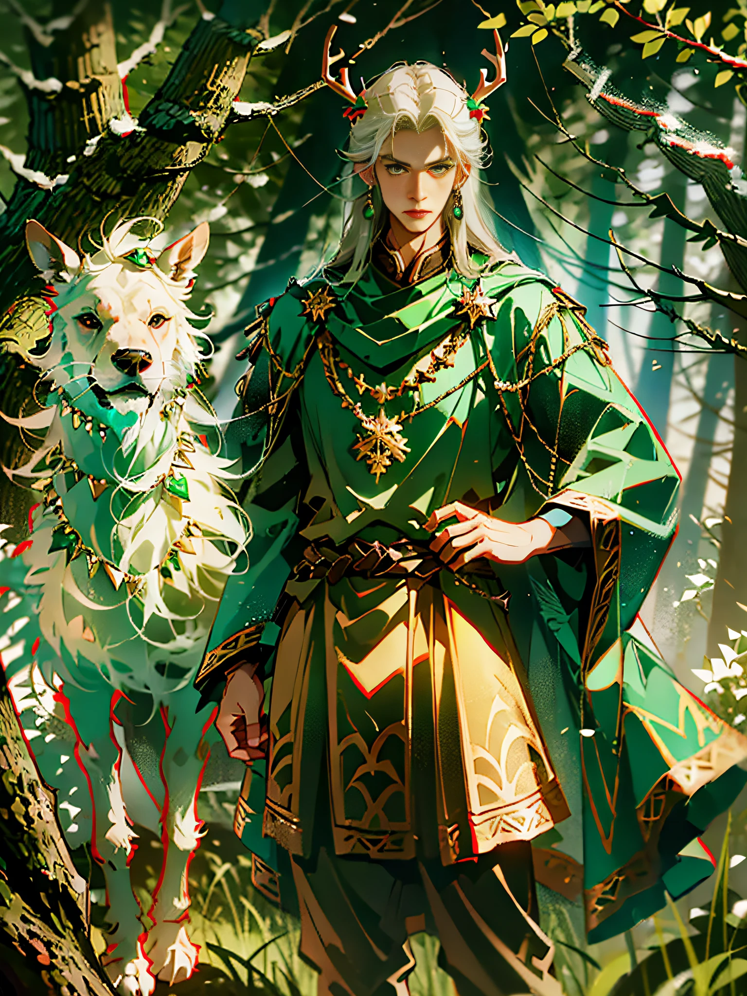 Russian man, mature man, strong build, cheerful, near deer, trees, Russian clothes, ancient style, mythology, nature, Forest, god, Veles, antlers, green eyes, Russian man, mature man, strong physique, cheerful, near deer, trees, Russian clothes, ancient style, mythology, nature