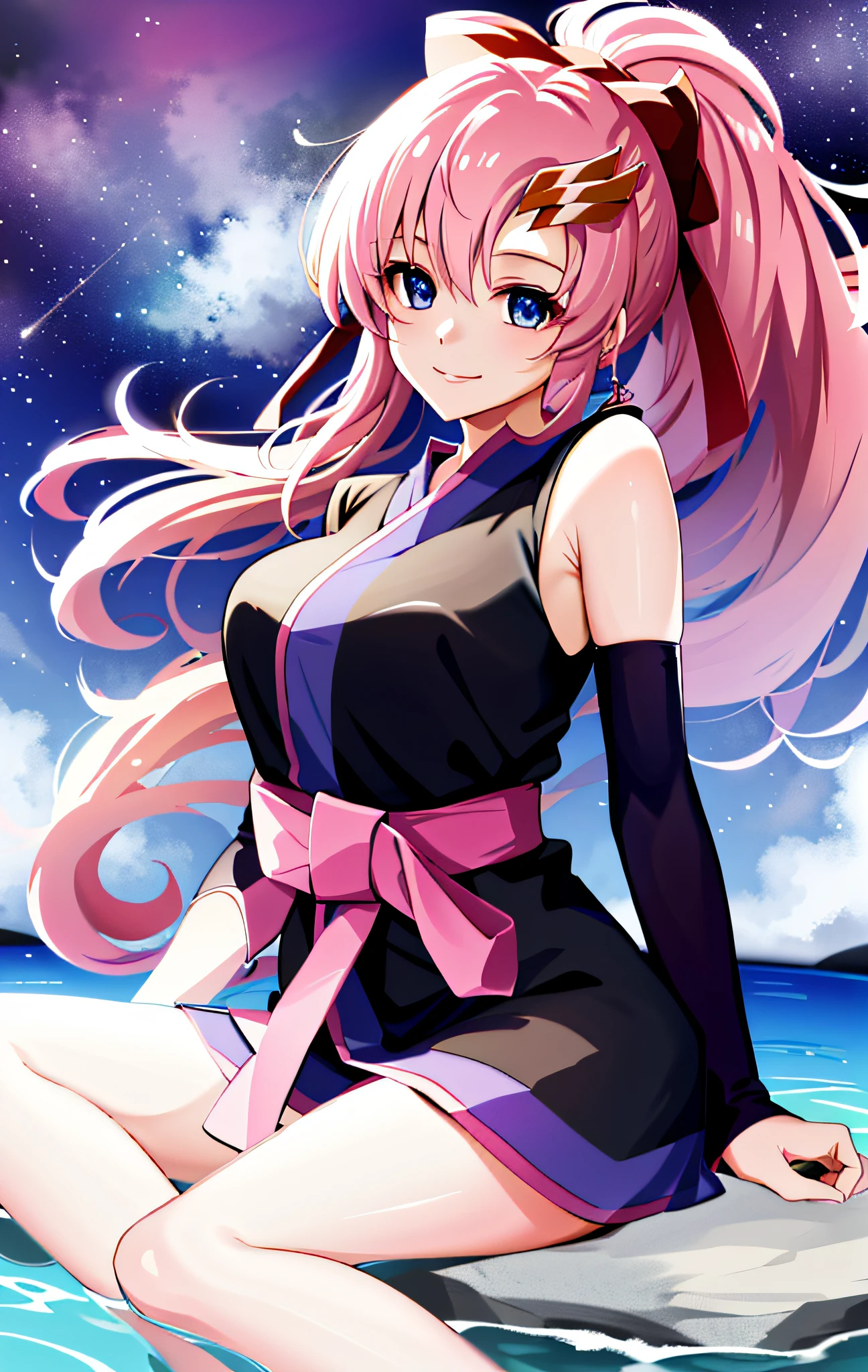 masterpiece, best quality, highres, lacus3, 1girl, solo, lacus3, pink hair, short kimono, blue eyes, hair ornament, very long hair, black sleeves, sleeveless, japanese clothes, bow, black kimono, hair bow, ponytail, floating hair, hair between eyes, large breasts, sitting, seat, spaceship, smile, armpit,