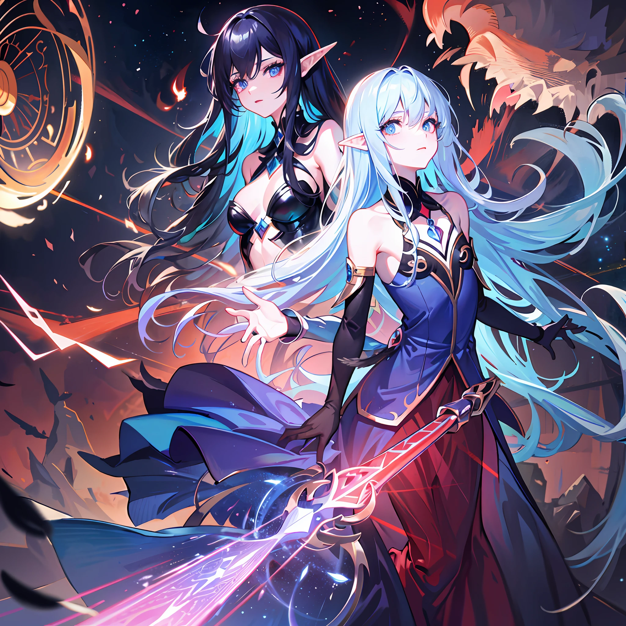 death, blood, night, darkness, (fantasy), infinity, deep blue sky, abyss of knowledge, knowledge, ((masterpiece)),(((extreme))),((beautiful detailed eyes)),(eyelashes) , monster, (1 female), blue hair, long hair, abyssal eyes, shiny skin, oil, small chest, (bird body, feathers), rags, Tzeentch, elf, extremely fine CG unity 8k wallpaper, masterpiece ,((ultra-detailed)),((illustration)), colorful, wallpaper, energy, unknown horror, arcane, magic surrounding, magic surrounding, magic wand, book pages, flying all over the sky, knowing what it is, predicting the future, understanding the past , Infinite Wisdom, Blue Flame, Warlock, Magic Circle, Pentagram, Mantra, Mantra, Singing Magic,