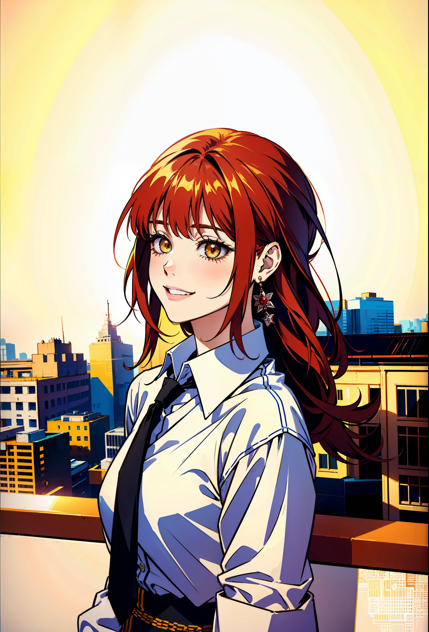 (masterpiece),(best quality:1.0), (ultra highres:1.0), detailed illustration, 8k, anime, 1girl, Makima(chainsaw man), smiling, detailed face, beautiful eyes, detailed eyes, yellow eyes, white shirt, black neck tie, red hair, beautiful stylish hair, highlights in hair, highly detailed
