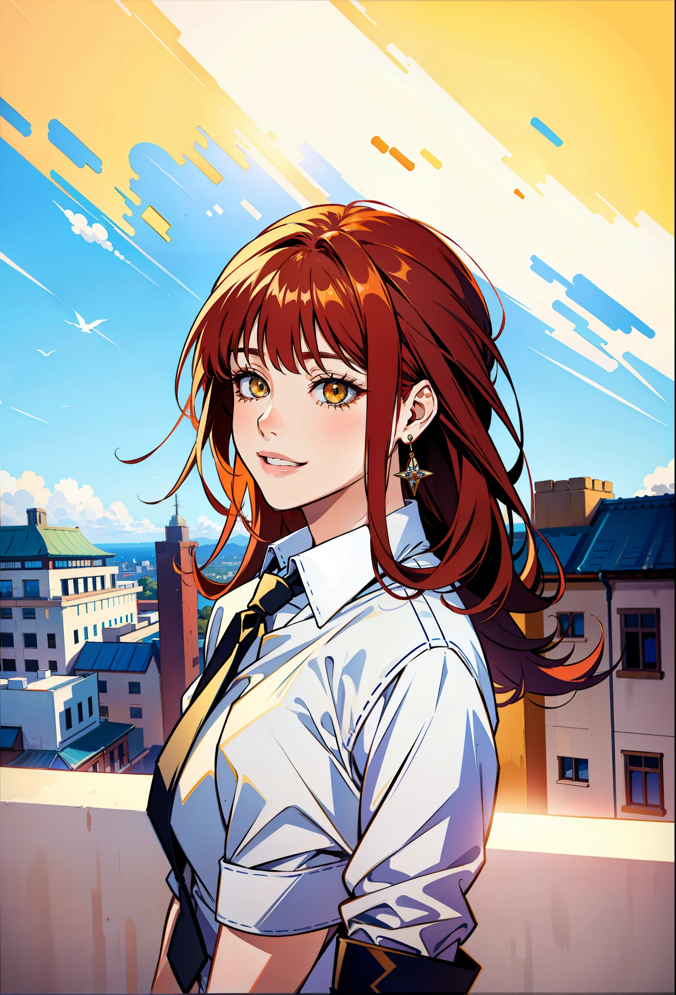 (masterpiece),(best quality:1.0), (ultra highres:1.0), detailed illustration, 8k, anime, 1girl, Makima(chainsaw man), smiling, detailed face, beautiful eyes, detailed eyes, yellow eyes, white shirt, black neck tie, red hair, beautiful stylish hair, highlights in hair, highly detailed