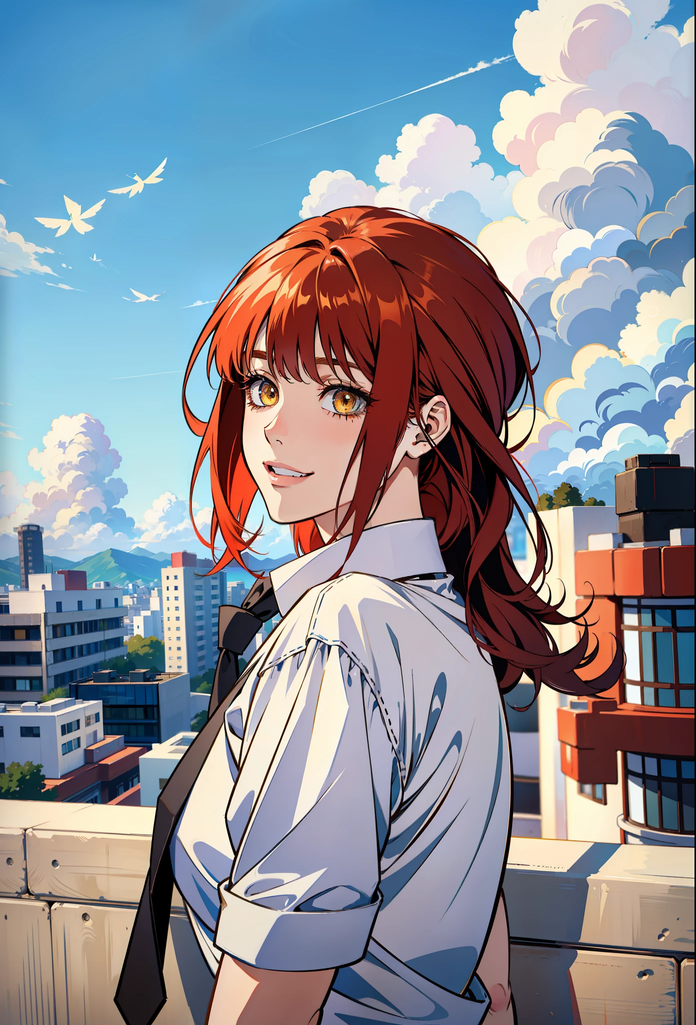 (masterpiece),(best quality:1.0), (ultra highres:1.0), detailed illustration, 8k, anime, 1girl, Makima(chainsaw man), smiling, detailed face, beautiful eyes, detailed eyes, yellow eyes, white shirt, black neck tie, red hair, beautiful stylish hair, highlights in hair, highly detailed